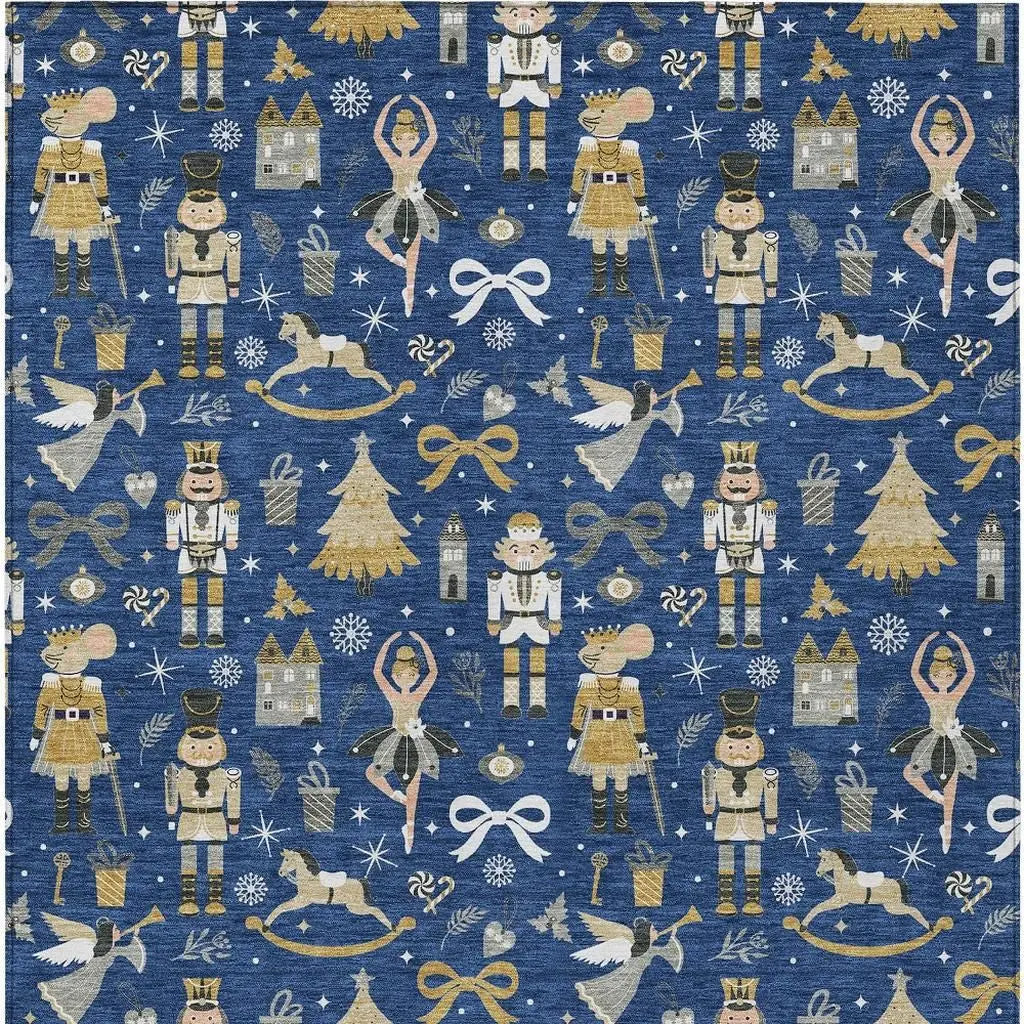 5' X 8' Navy Blue Gold Black And Gray Village House Washable Indoor Outdoor Area Rug Homeroots Outdoor