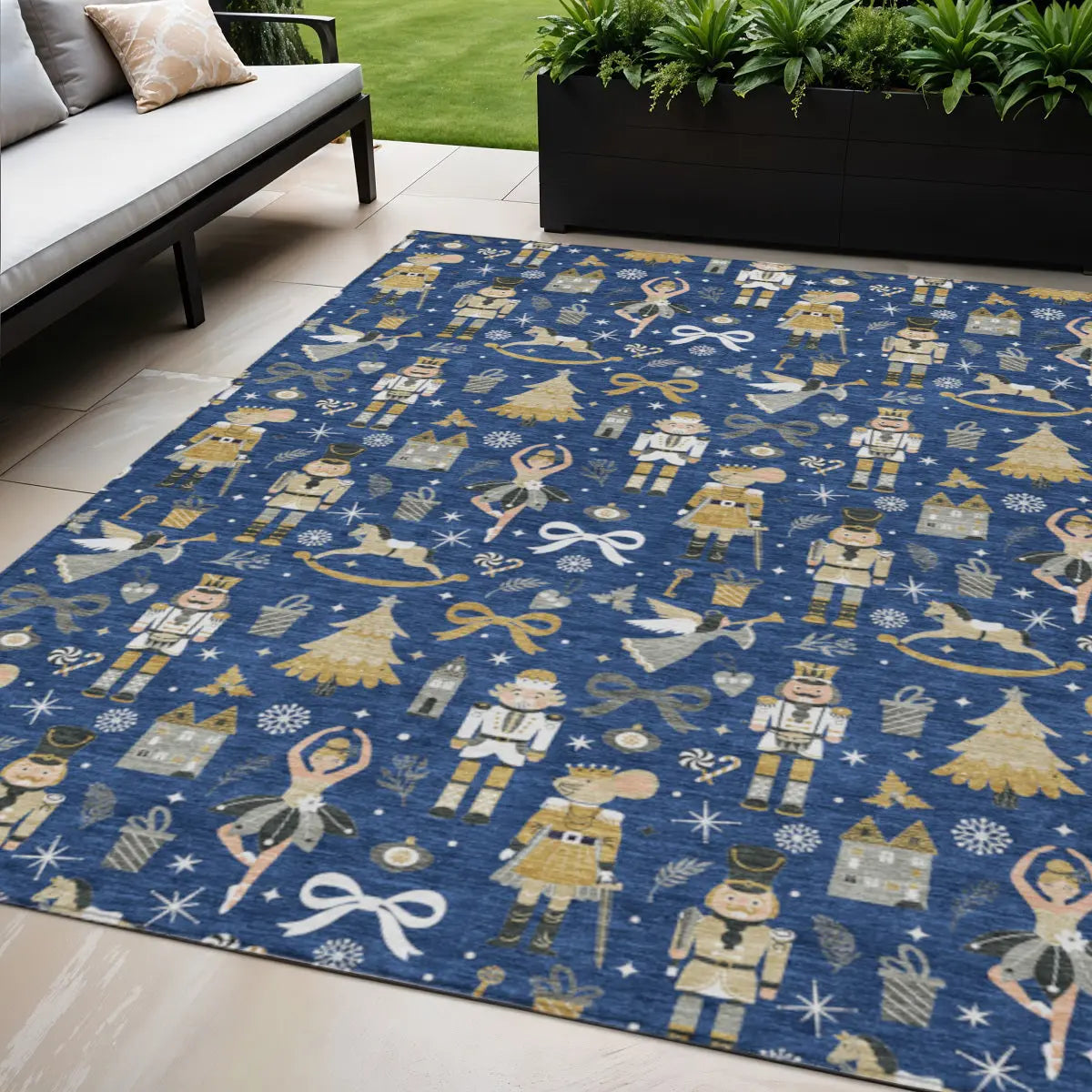 5' X 8' Navy Blue Gold Black And Gray Village House Washable Indoor Outdoor Area Rug Homeroots Outdoor