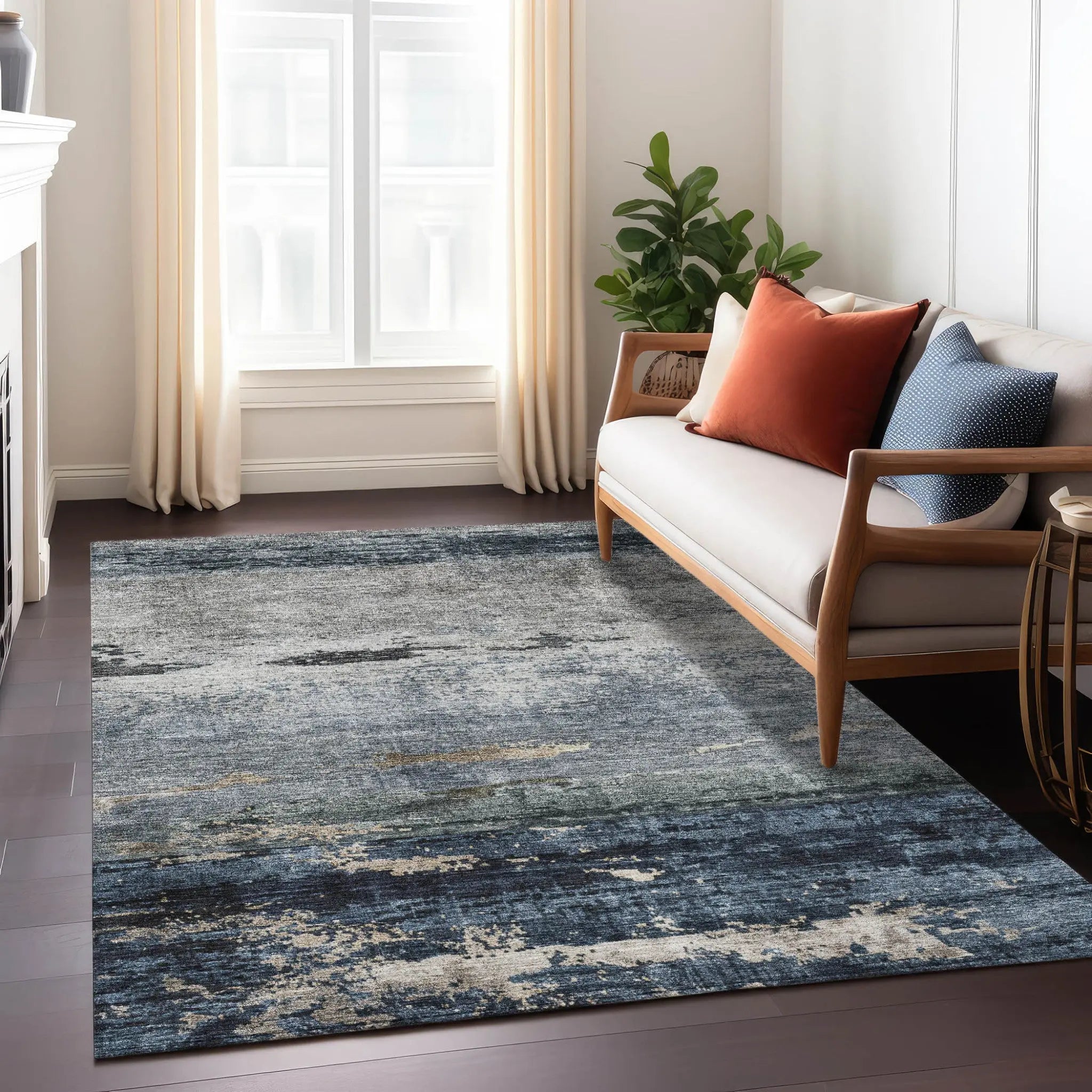 5' X 8' Navy Blue Gray And Black Abstract Washable Indoor Outdoor Area Rug Homeroots Outdoor