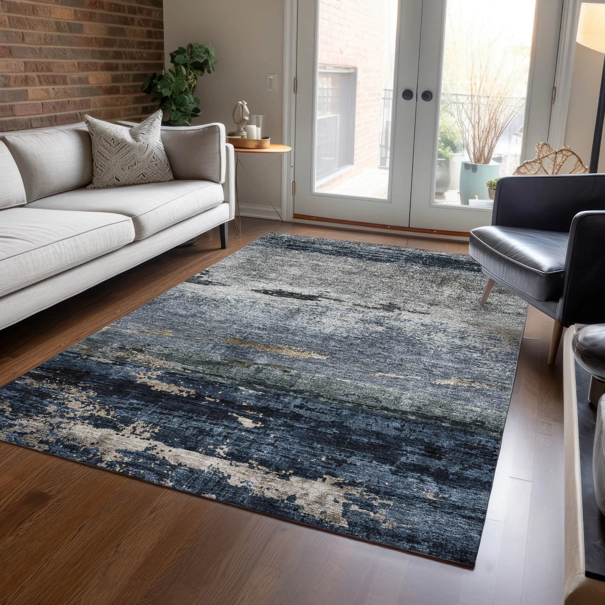 5' X 8' Navy Blue Gray And Black Abstract Washable Indoor Outdoor Area Rug Homeroots Outdoor