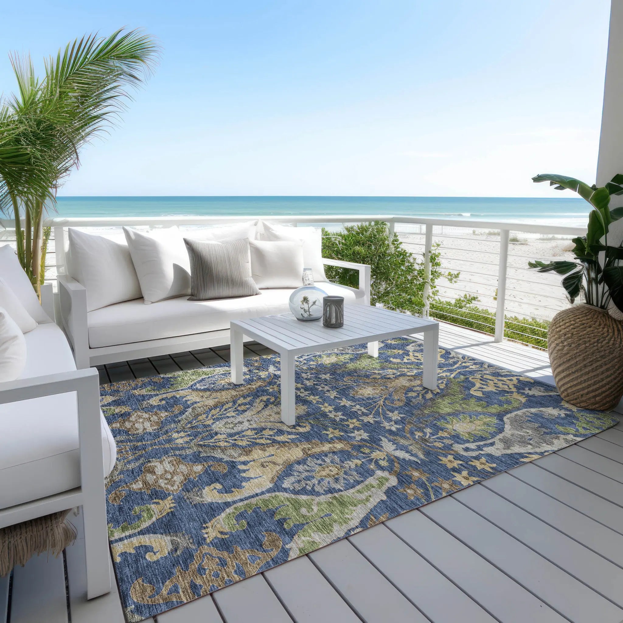 5' X 8' Navy Blue Green And Brown Floral Washable Indoor Outdoor Area Rug - GreatEagleInc
