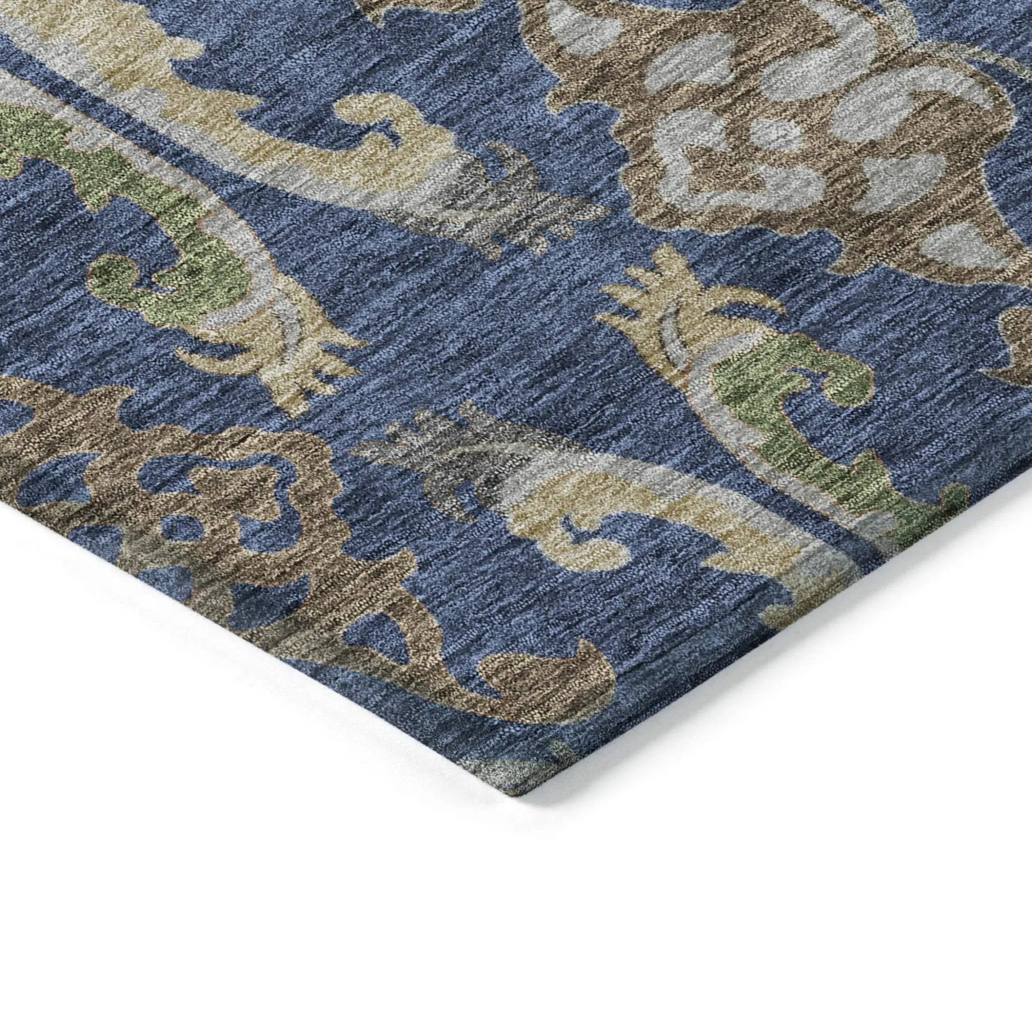 5' X 8' Navy Blue Green And Brown Floral Washable Indoor Outdoor Area Rug - GreatEagleInc