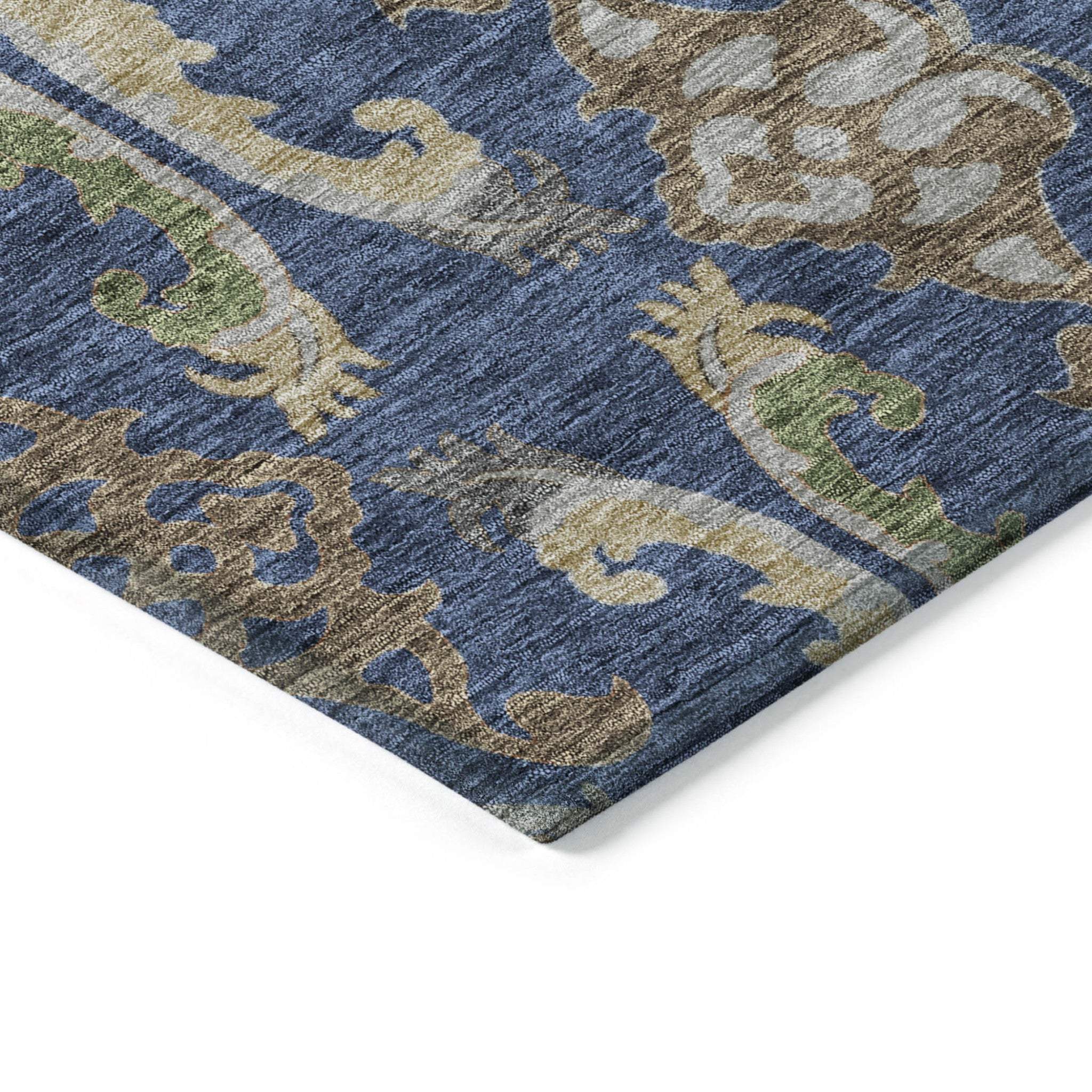 5' X 8' Navy Blue Green And Brown Floral Washable Indoor Outdoor Area Rug - GreatEagleInc