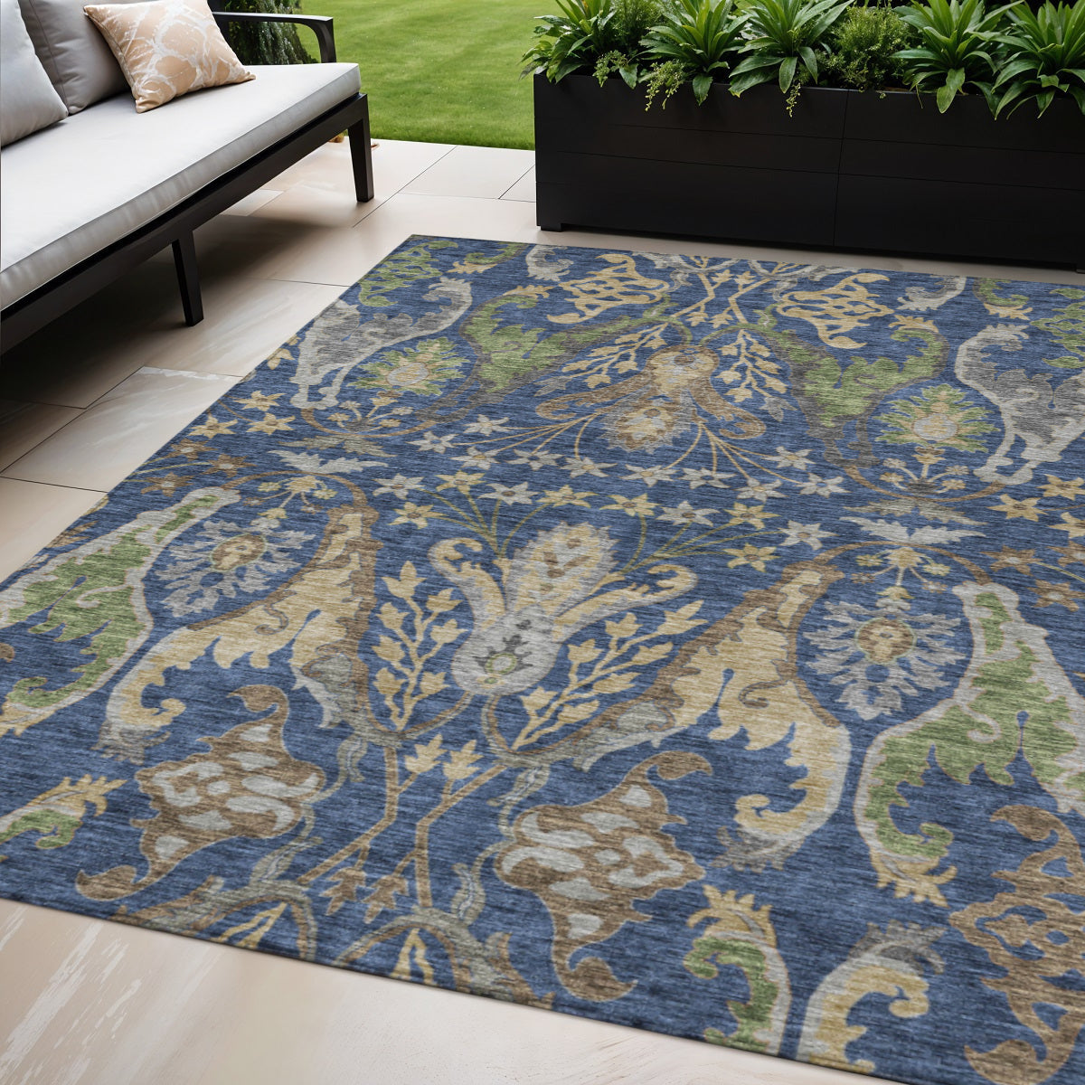 5' X 8' Navy Blue Green And Brown Floral Washable Indoor Outdoor Area Rug - GreatEagleInc