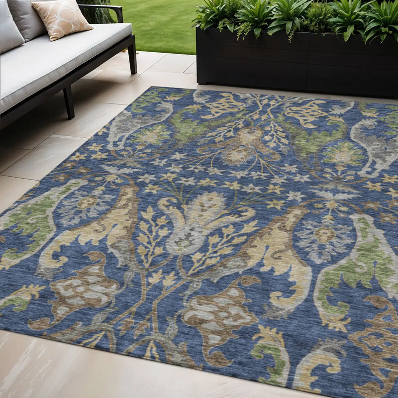 5' X 8' Navy Blue Green And Brown Floral Washable Indoor Outdoor Area Rug - GreatEagleInc