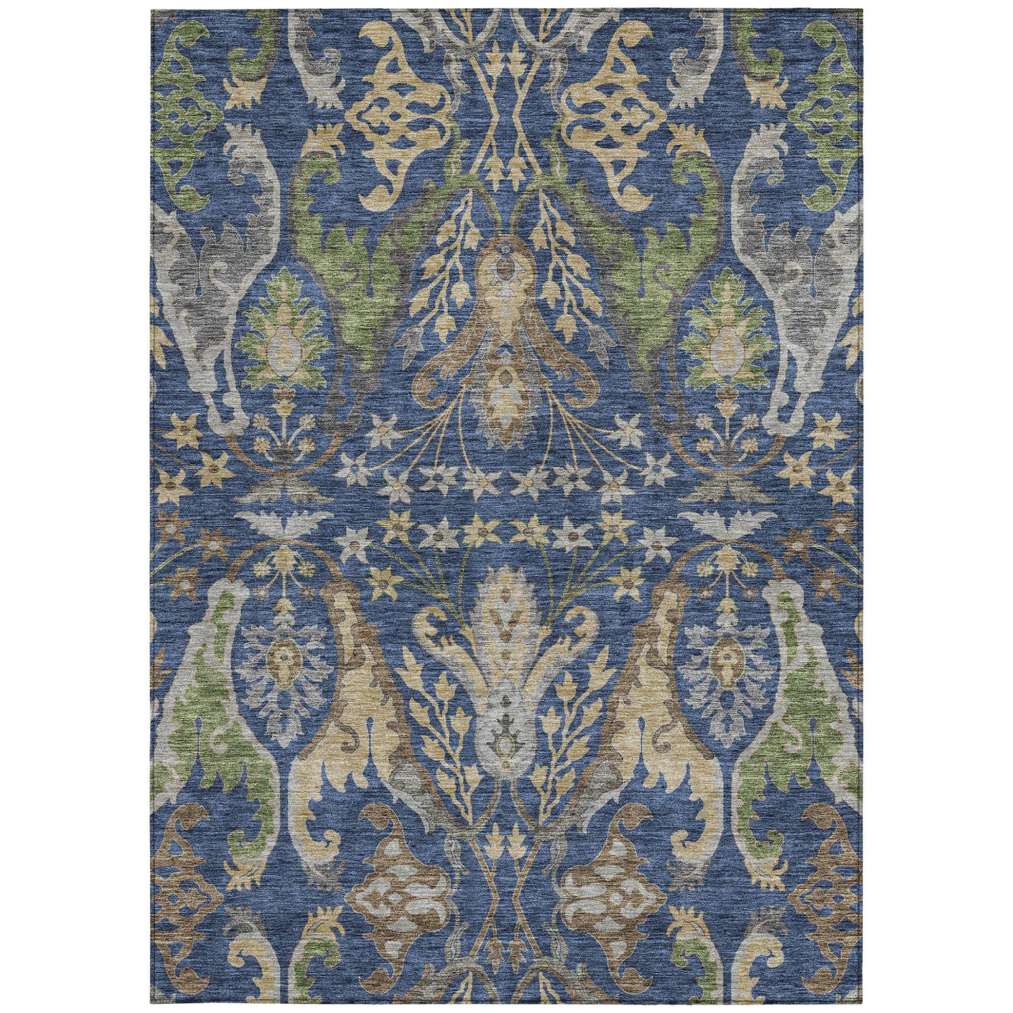 5' X 8' Navy Blue Green And Brown Floral Washable Indoor Outdoor Area Rug - GreatEagleInc