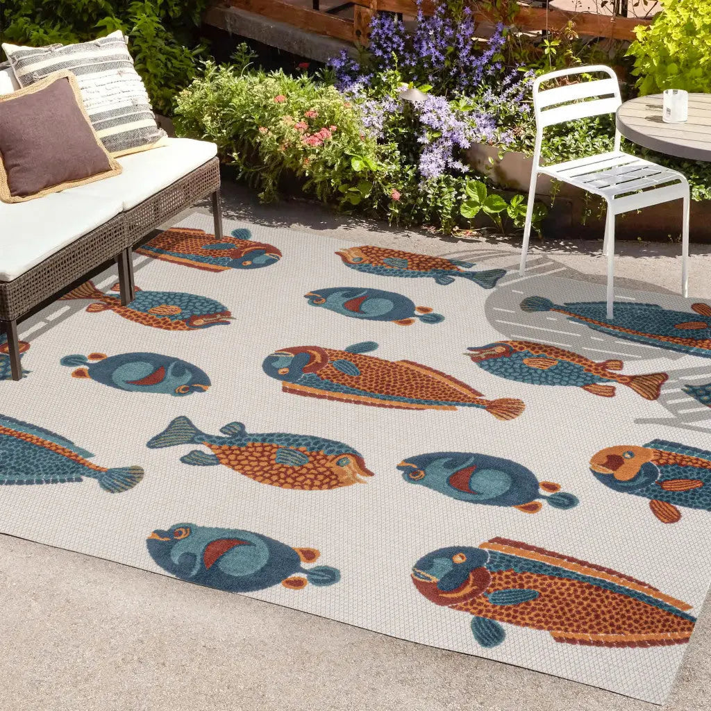 5' X 8' Navy Blue Orange And Cream Animal Print Indoor Outdoor Area Rug Homeroots Outdoor