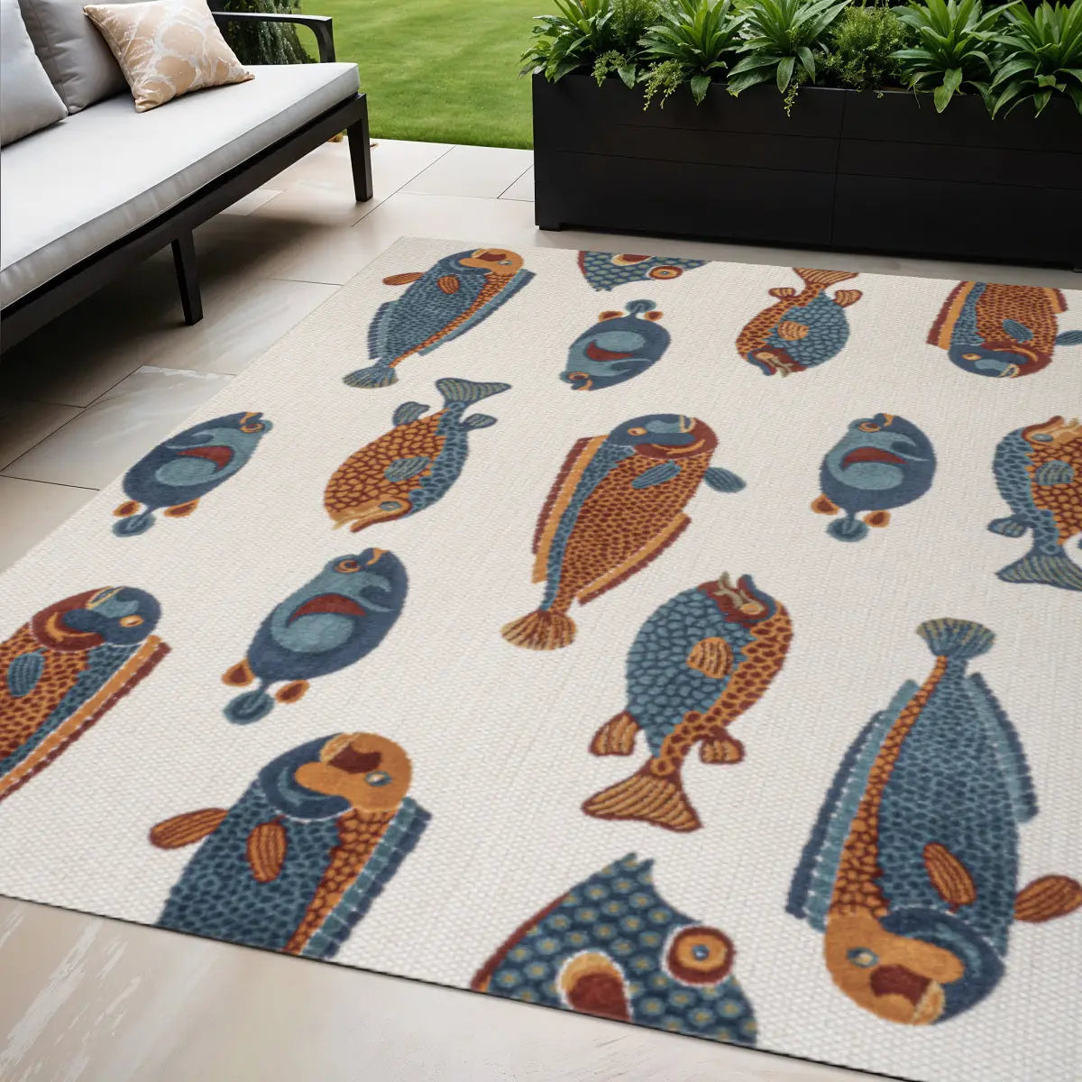 5' X 8' Navy Blue Orange And Cream Animal Print Indoor Outdoor Area Rug Homeroots Outdoor