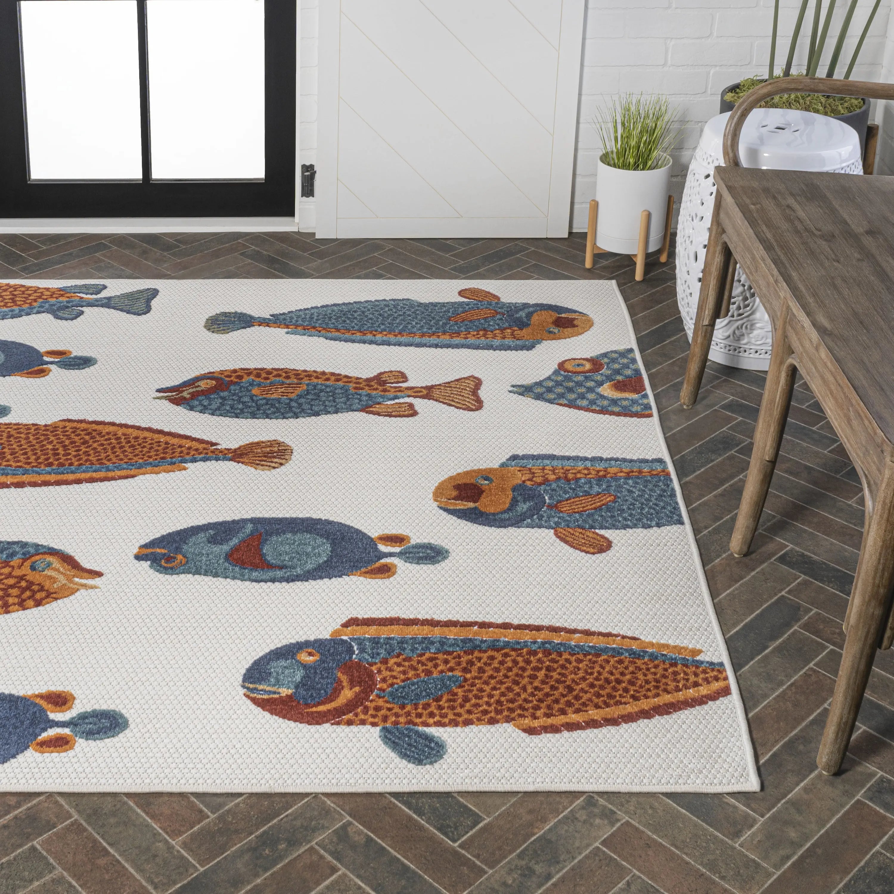 5' X 8' Navy Blue Orange And Cream Animal Print Indoor Outdoor Area Rug Homeroots Outdoor