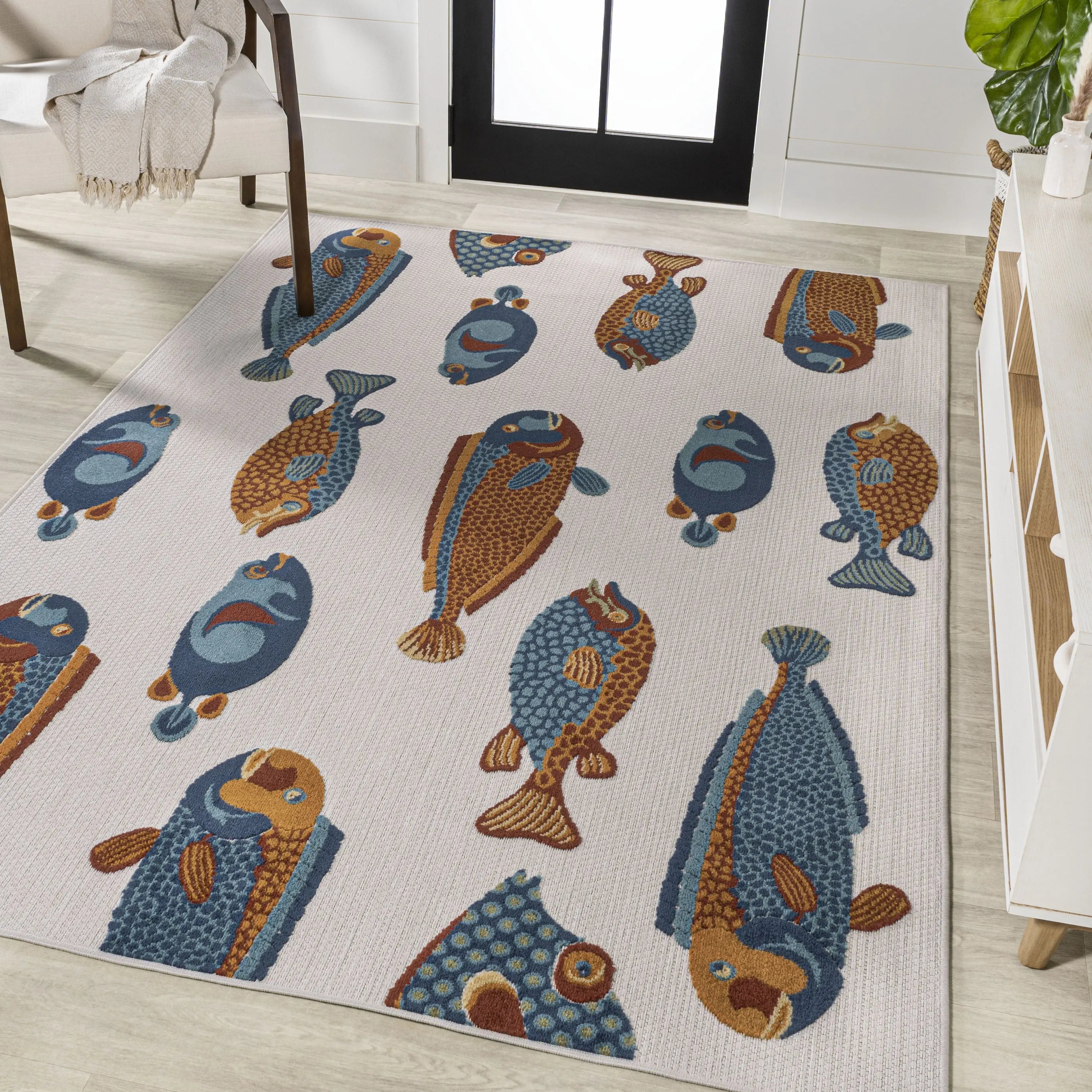 5' X 8' Navy Blue Orange And Cream Animal Print Indoor Outdoor Area Rug Homeroots Outdoor