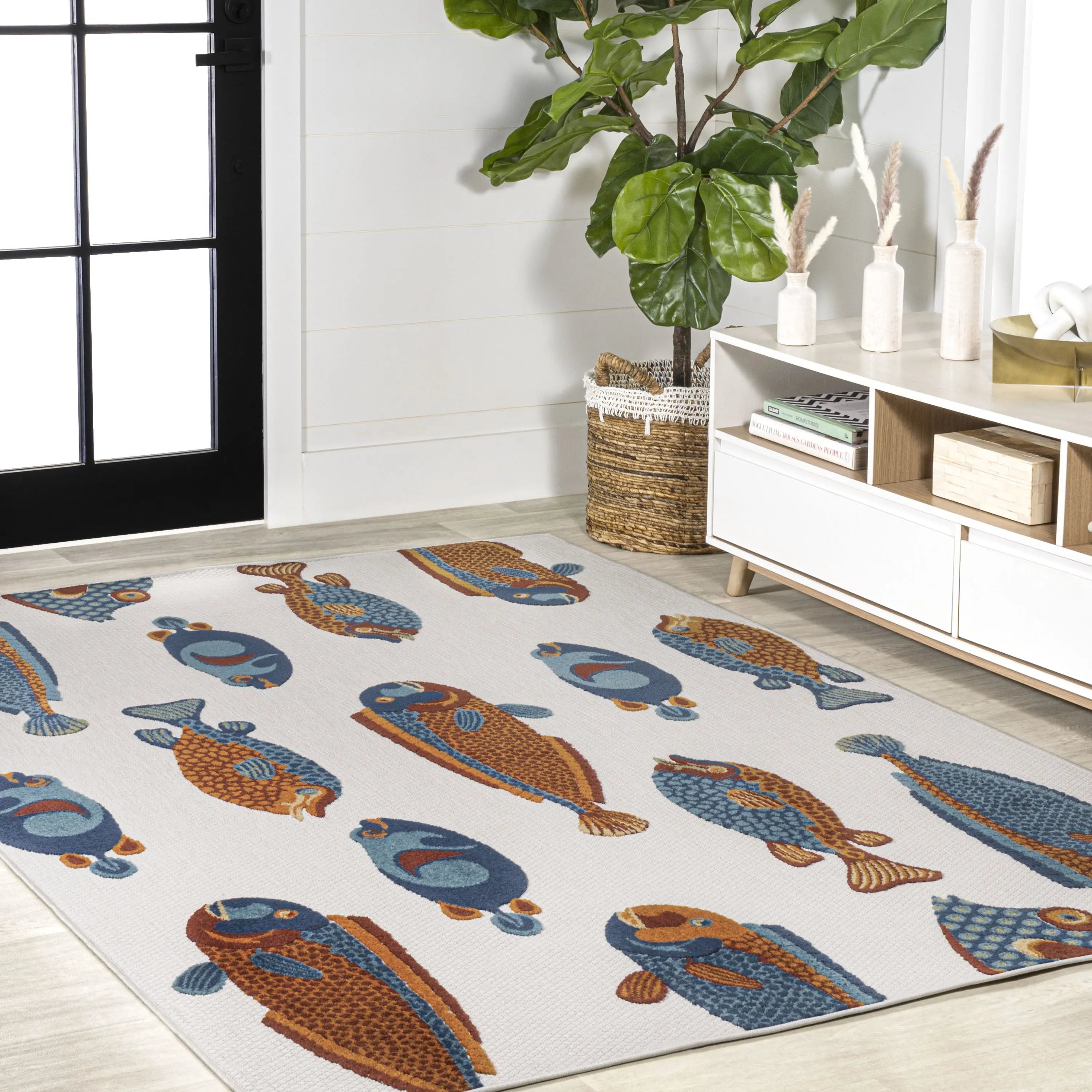 5' X 8' Navy Blue Orange And Cream Animal Print Indoor Outdoor Area Rug Homeroots Outdoor