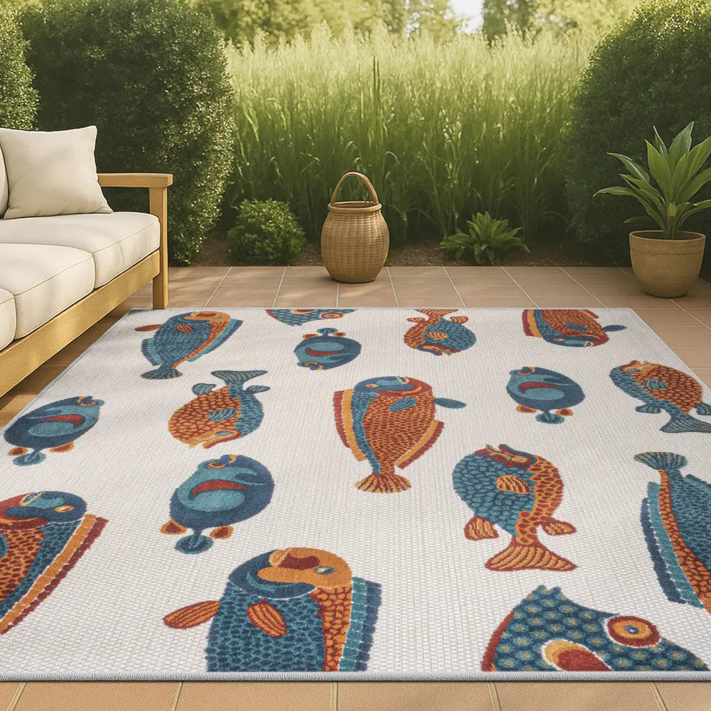 5' X 8' Navy Blue Orange And Cream Animal Print Indoor Outdoor Area Rug Homeroots Outdoor