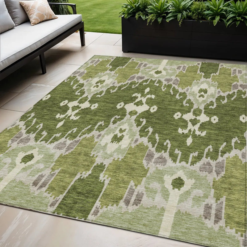 5' X 8' Olive Green And Artichoke Green Ikat Washable Indoor Outdoor Area Rug Homeroots Outdoor