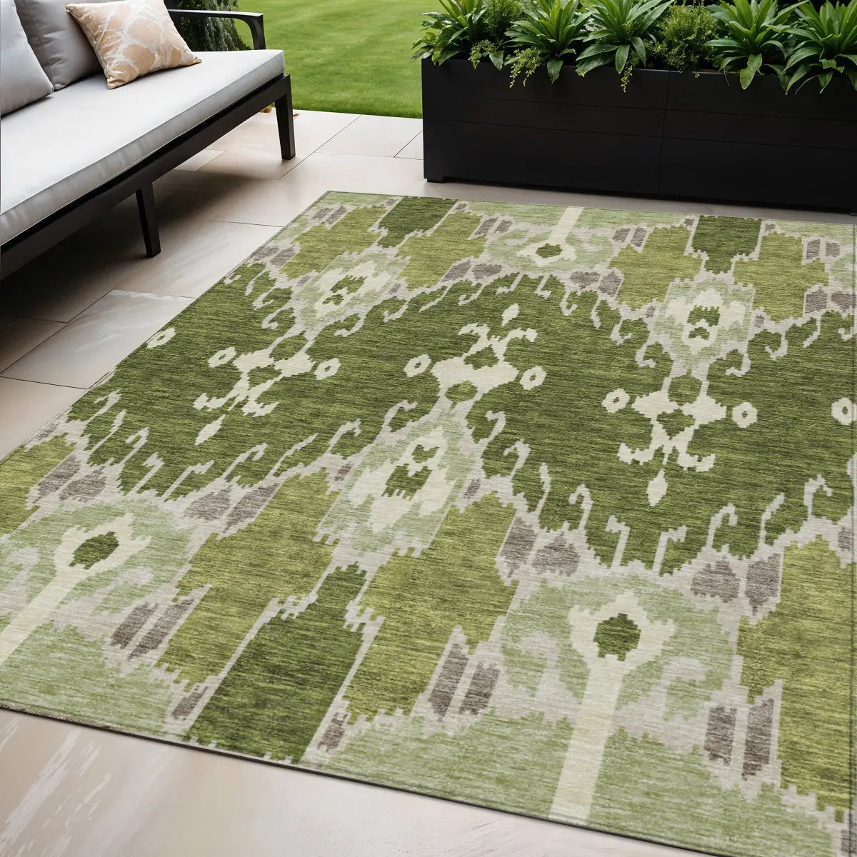 5' X 8' Olive Green And Artichoke Green Ikat Washable Indoor Outdoor Area Rug Homeroots Outdoor