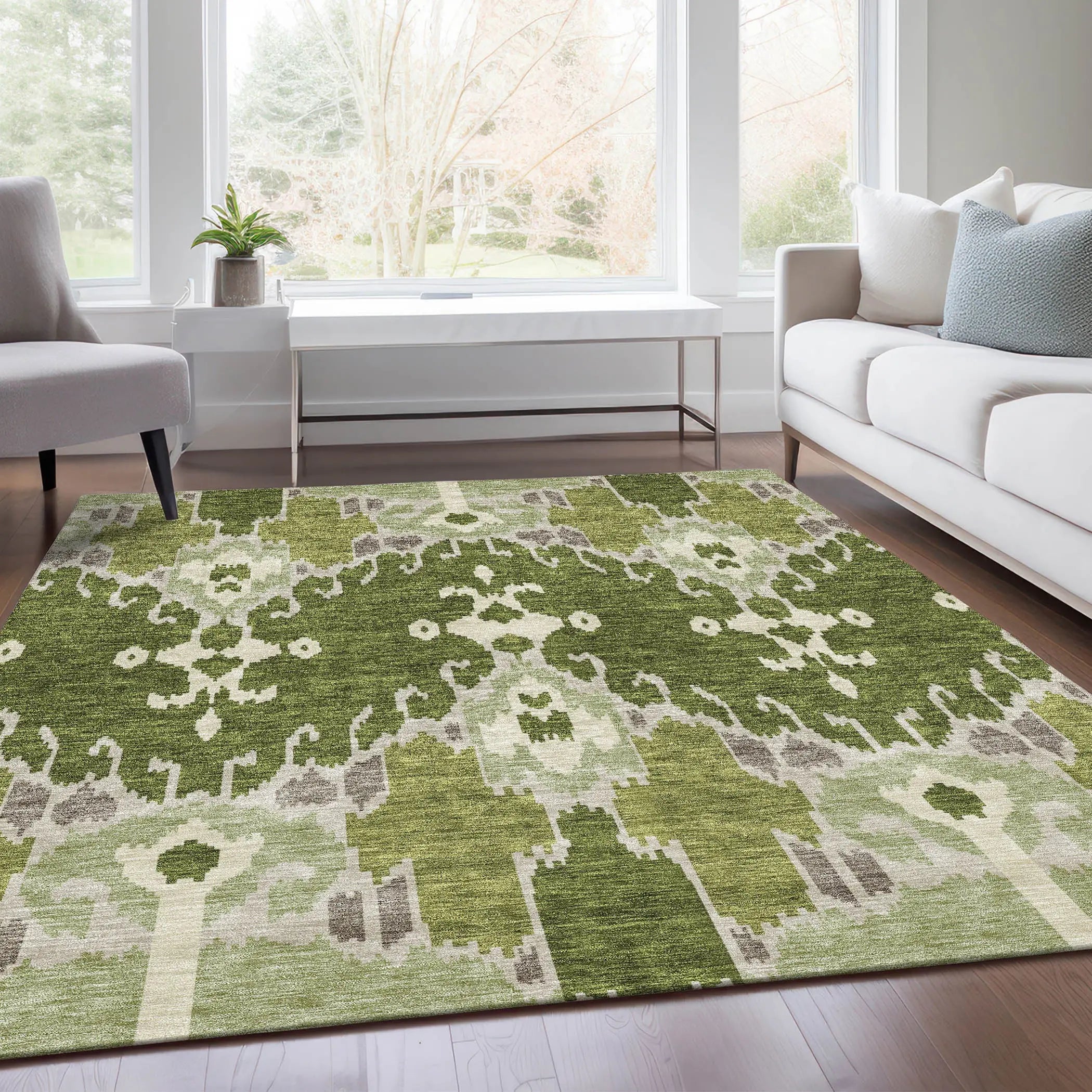 5' X 8' Olive Green And Artichoke Green Ikat Washable Indoor Outdoor Area Rug Homeroots Outdoor