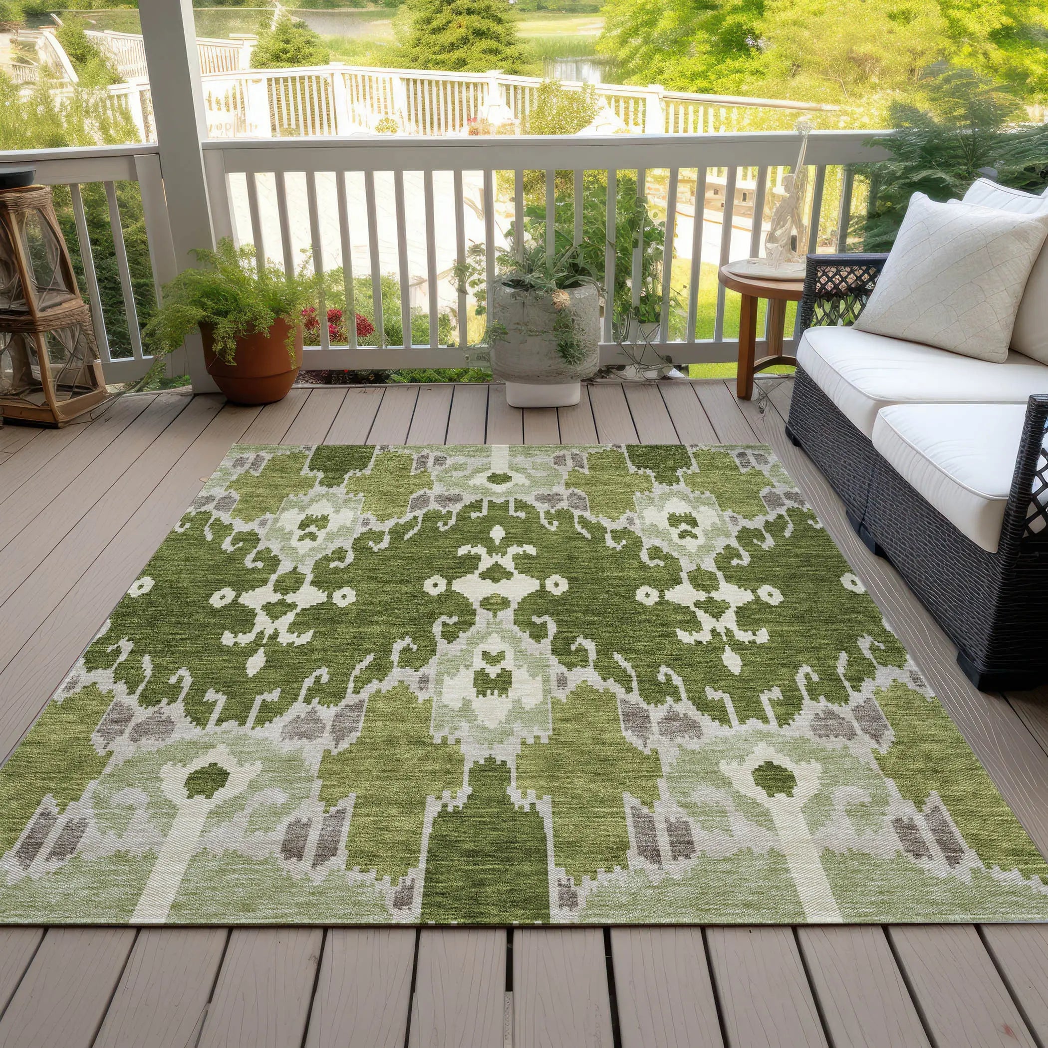 5' X 8' Olive Green And Artichoke Green Ikat Washable Indoor Outdoor Area Rug Homeroots Outdoor