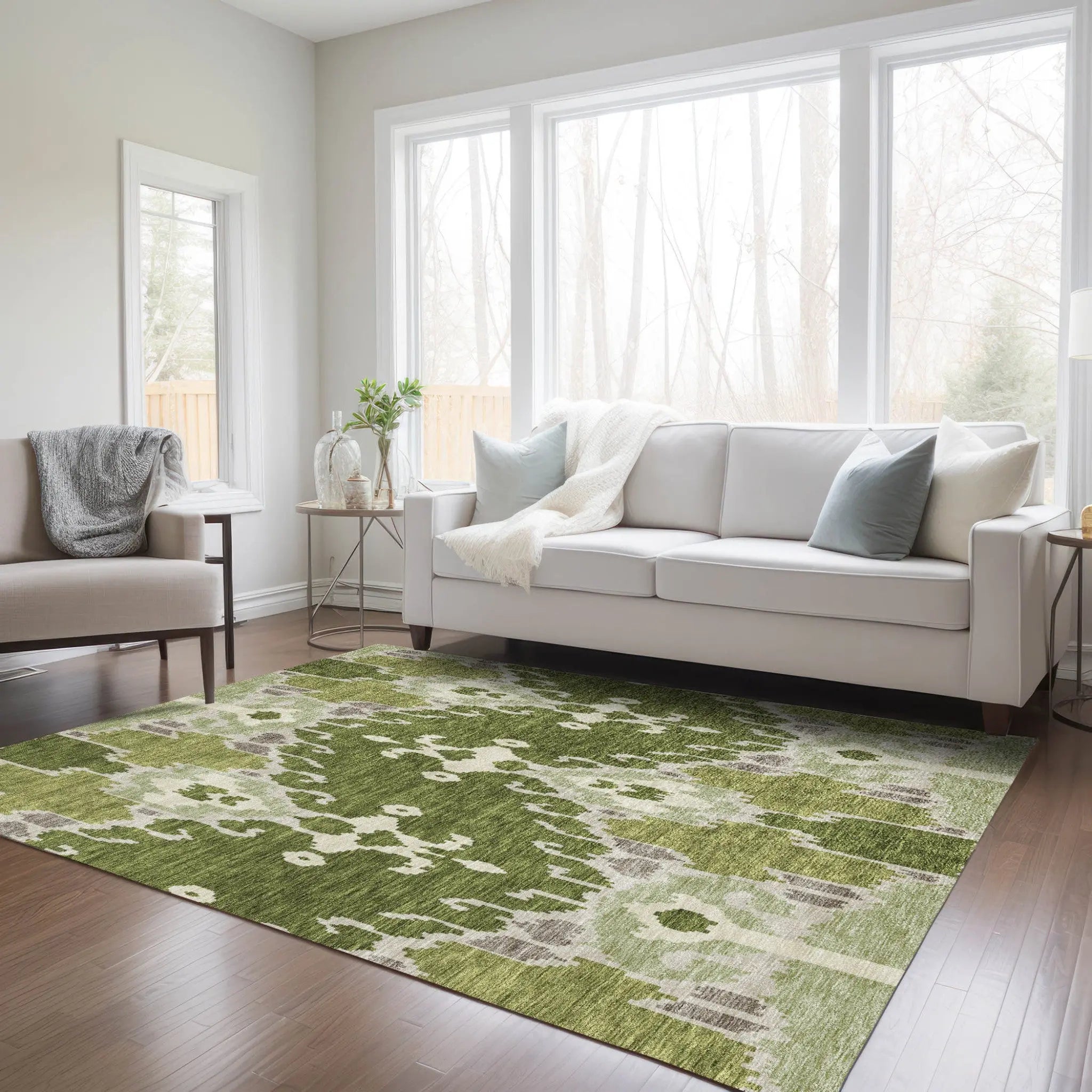 5' X 8' Olive Green And Artichoke Green Ikat Washable Indoor Outdoor Area Rug Homeroots Outdoor