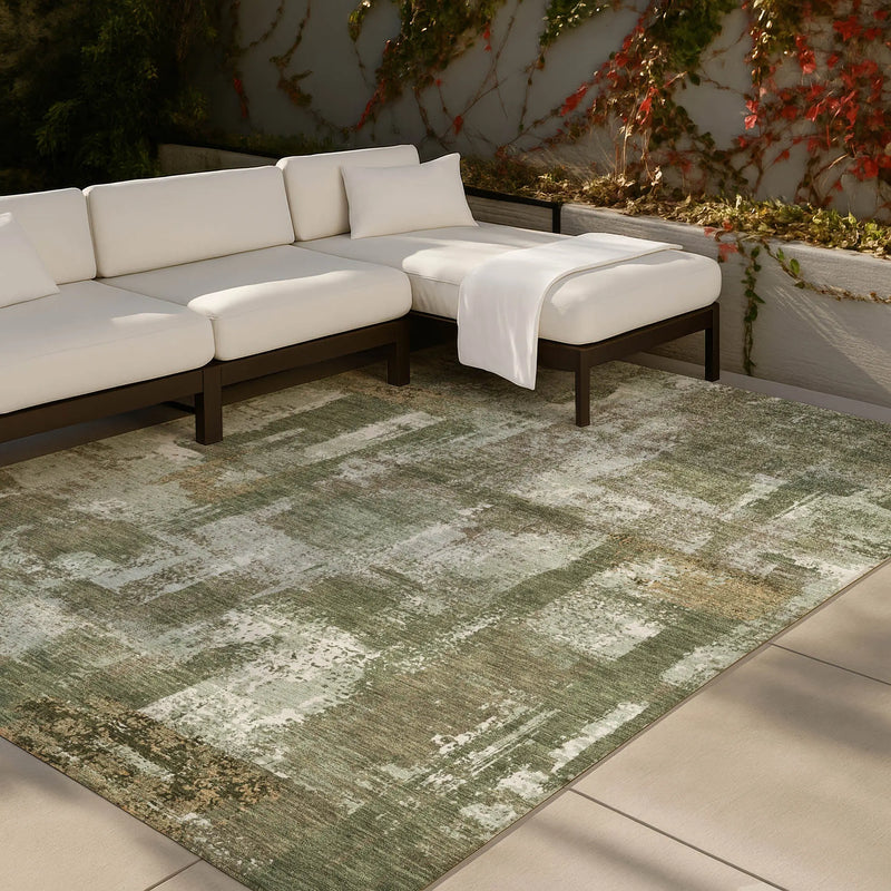 5' X 8' Olive Green And Beige Abstract Washable Indoor Outdoor Area Rug Homeroots Outdoor
