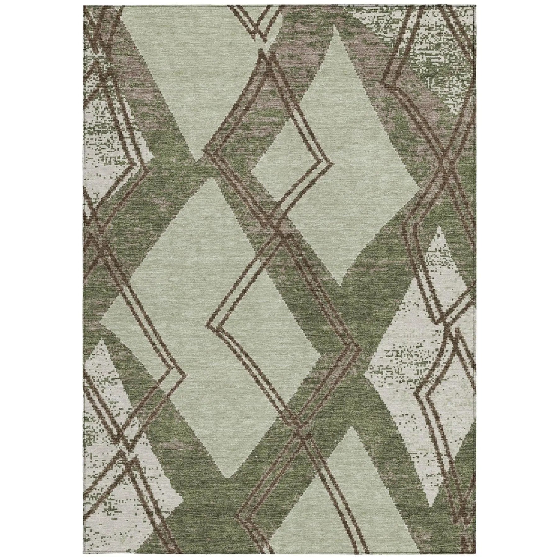 5' X 8' Olive Green And Beige Geometric Washable Indoor Outdoor Area Rug Homeroots Outdoor