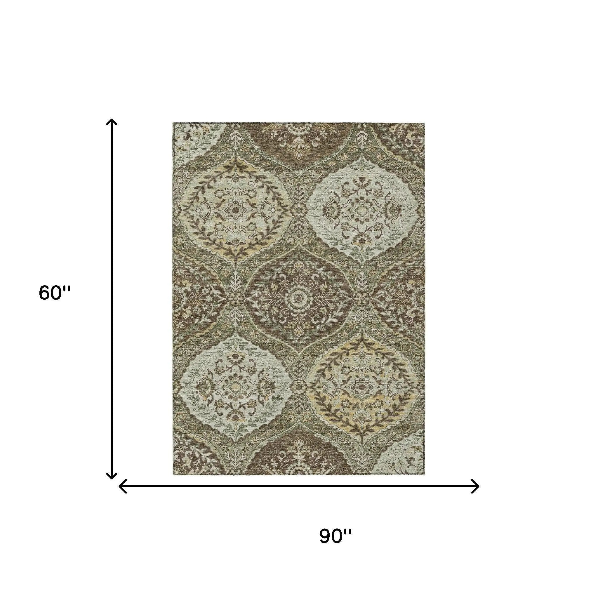 5' X 8' Olive Green And Blue Ogee Washable Indoor Outdoor Area Rug Homeroots Outdoor