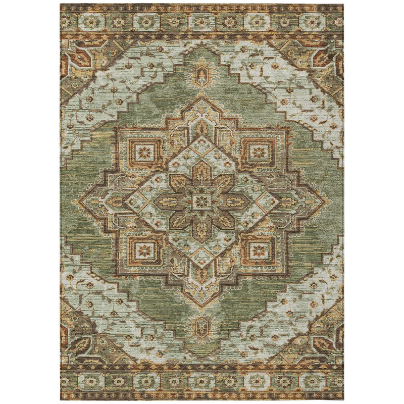 5' X 8' Olive Green And Blue Oriental Washable Indoor Outdoor Area Rug Homeroots Outdoor