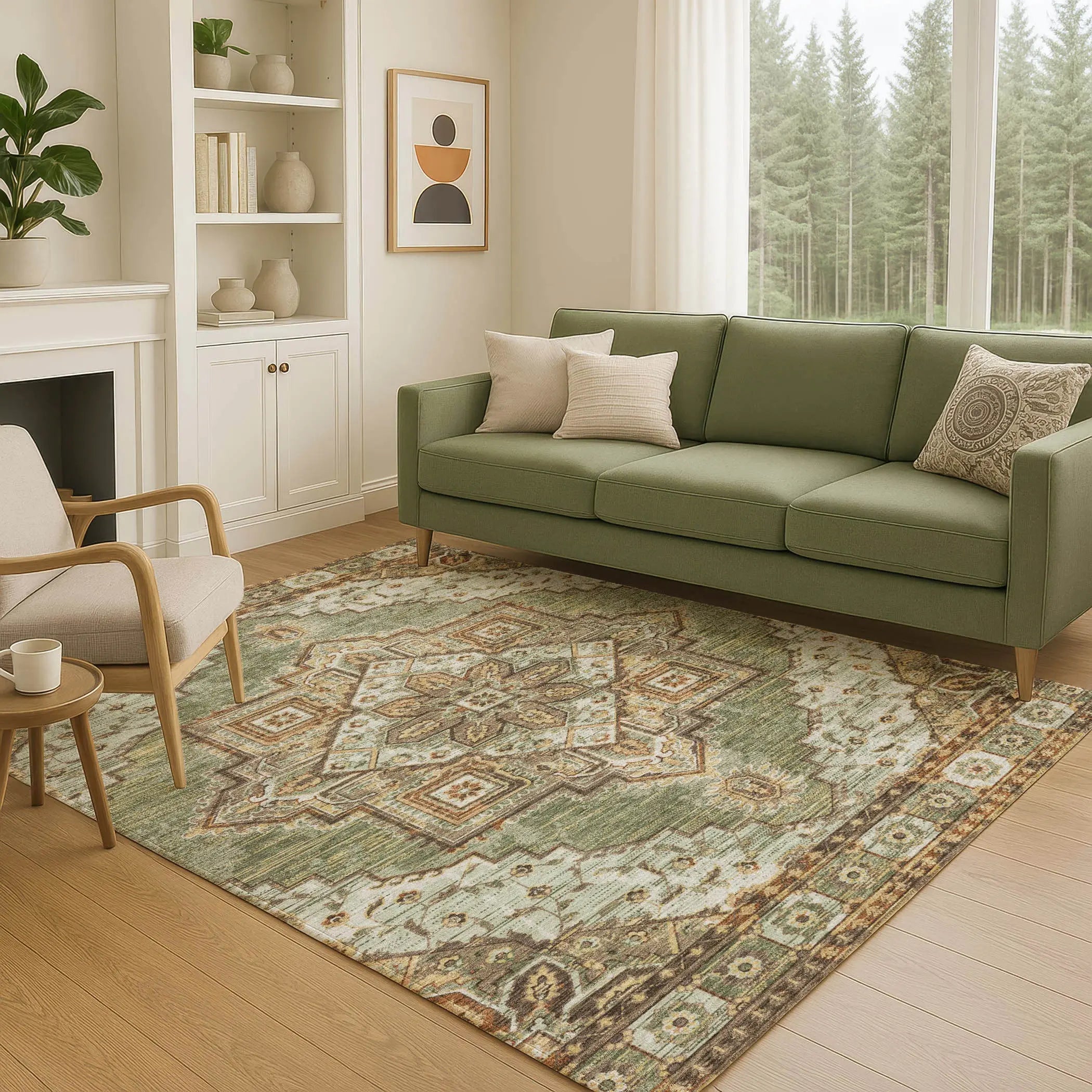 5' X 8' Olive Green And Blue Oriental Washable Indoor Outdoor Area Rug Homeroots Outdoor