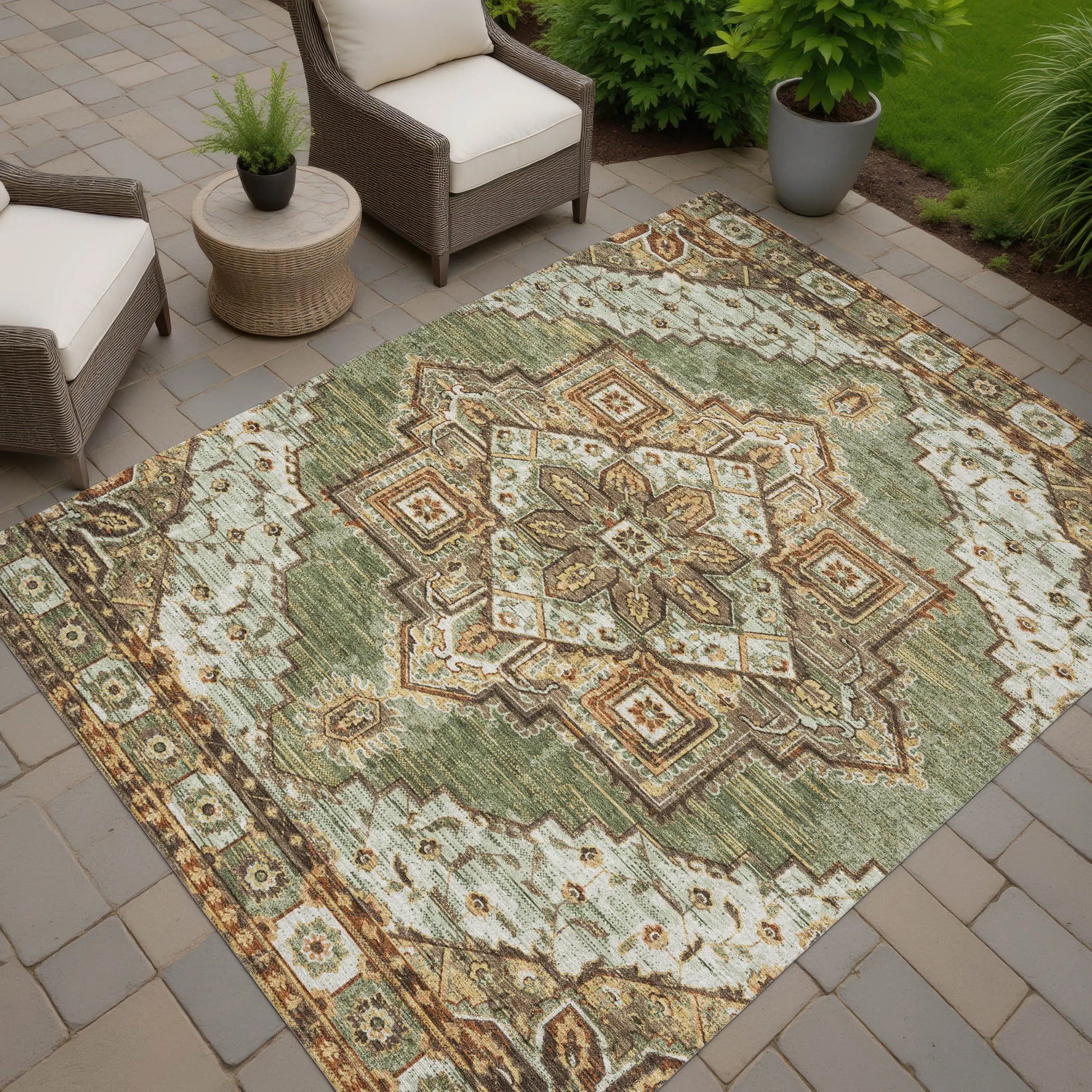 5' X 8' Olive Green And Blue Oriental Washable Indoor Outdoor Area Rug Homeroots Outdoor