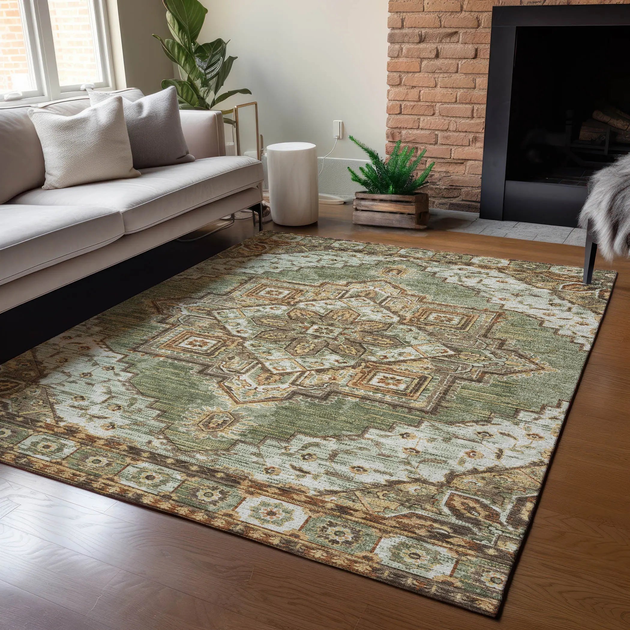 5' X 8' Olive Green And Blue Oriental Washable Indoor Outdoor Area Rug Homeroots Outdoor