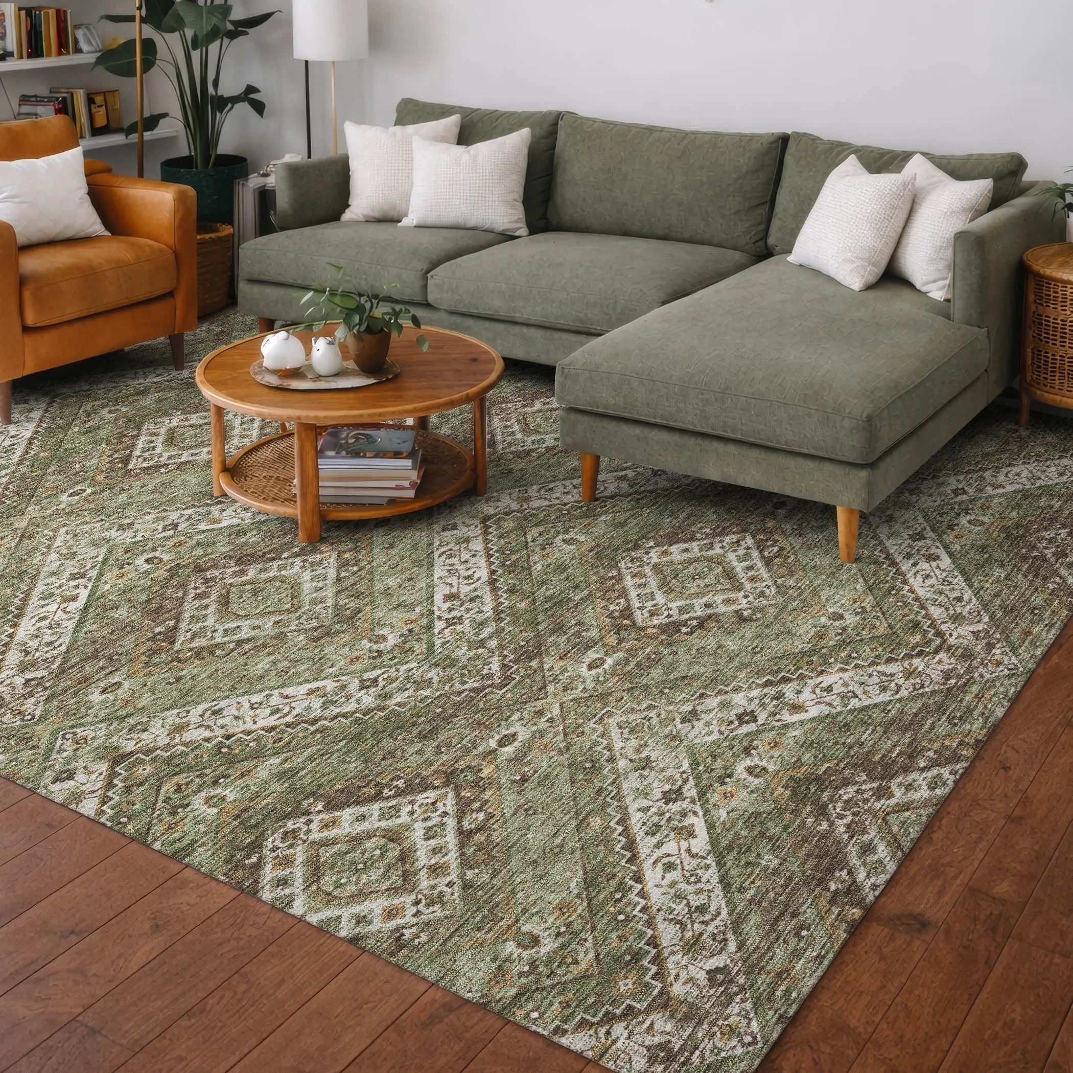 5' X 8' Olive Green And Blue Tribal Washable Indoor Outdoor Area Rug Homeroots Outdoor