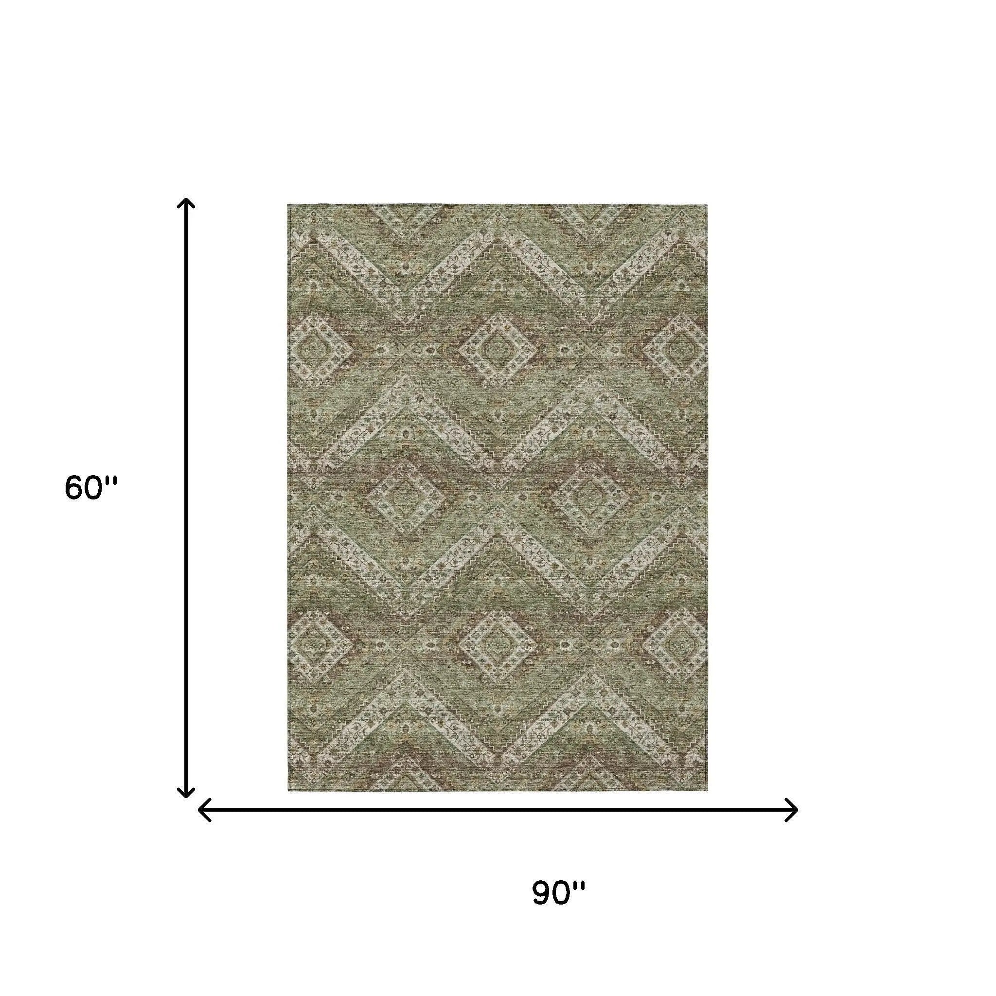 5' X 8' Olive Green And Blue Tribal Washable Indoor Outdoor Area Rug Homeroots Outdoor