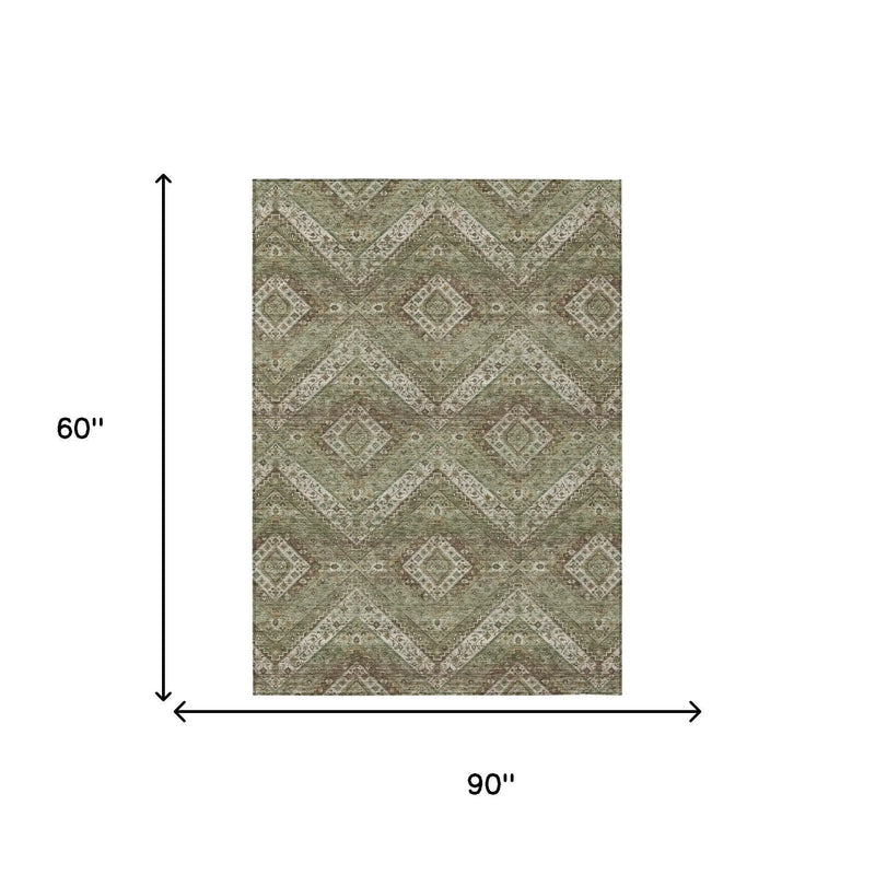5' X 8' Olive Green And Blue Tribal Washable Indoor Outdoor Area Rug Homeroots Outdoor