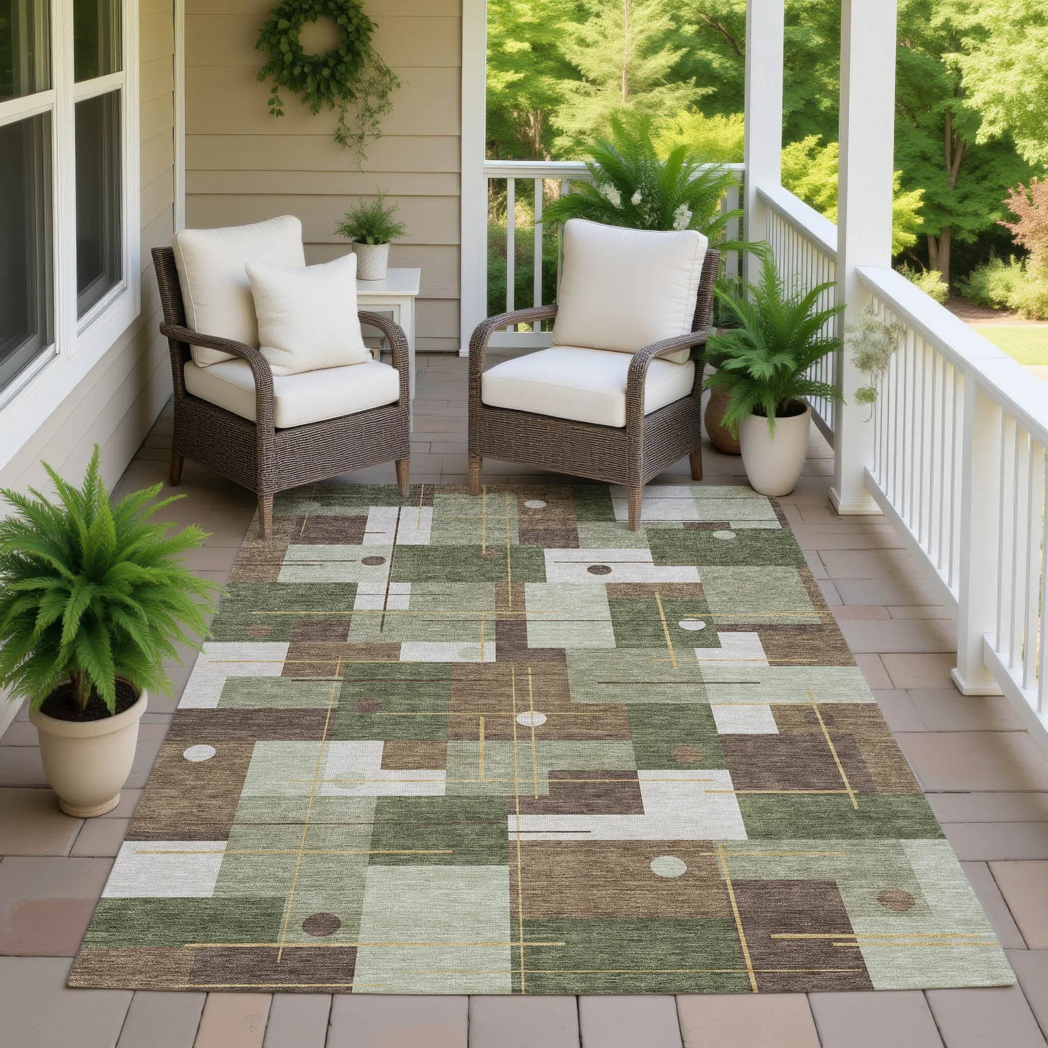 5' X 8' Olive Green And Brown Geometric Washable Indoor Outdoor Area Rug Homeroots Outdoor