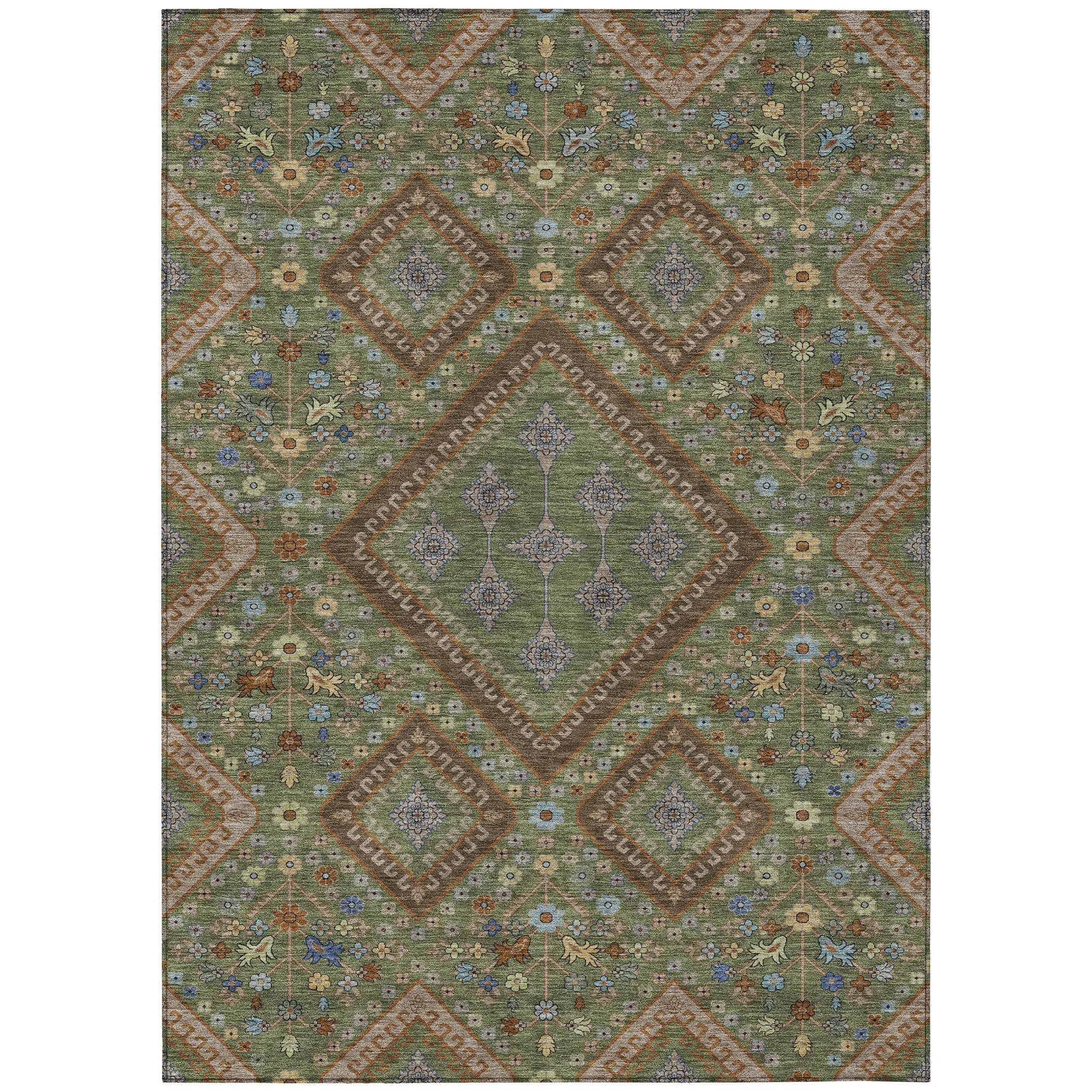5' X 8' Olive Green And Chocolate Medallion Washable Indoor Outdoor Area Rug Homeroots Outdoor