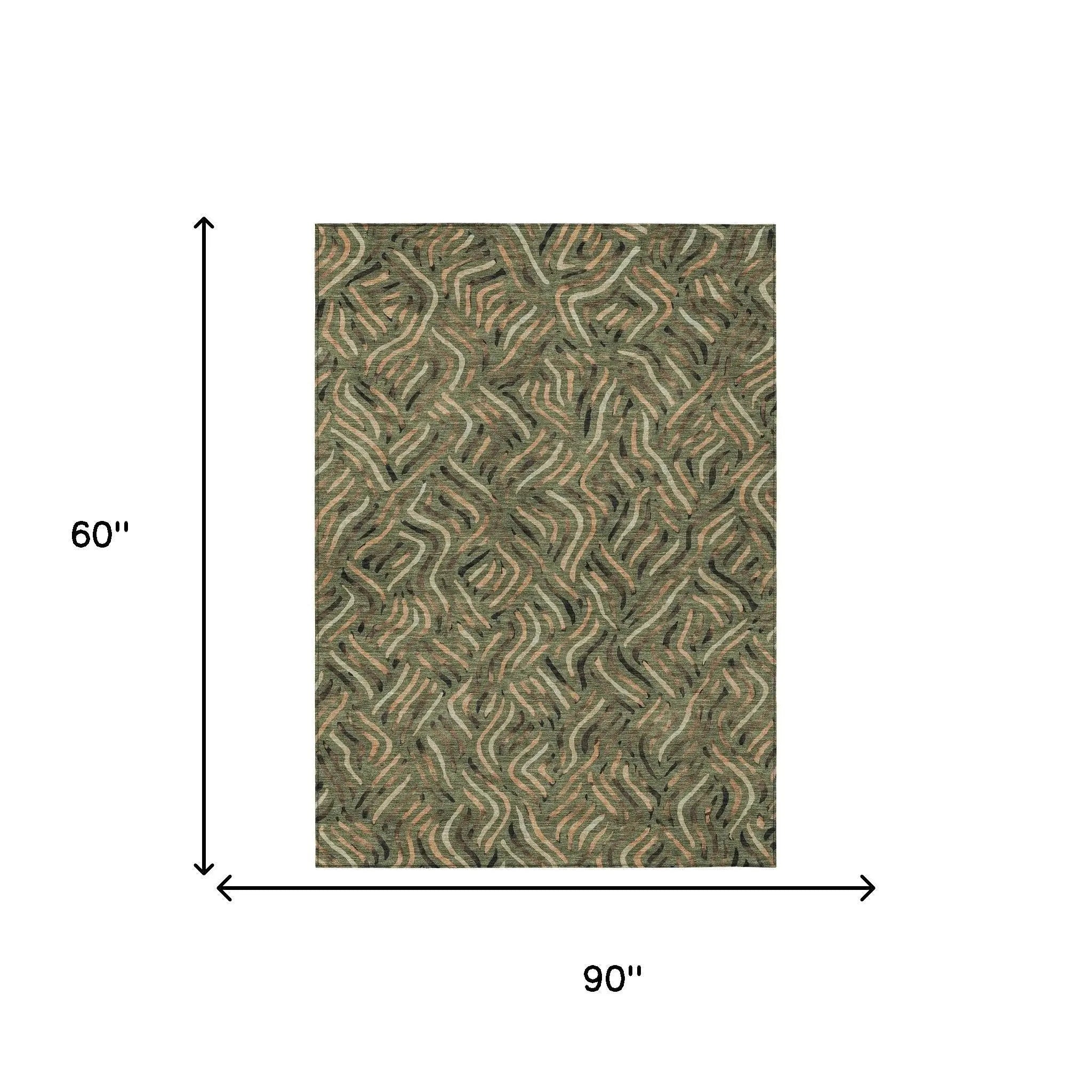 5' X 8' Olive Green And Copper Abstract Washable Indoor Outdoor Area Rug Homeroots Outdoor