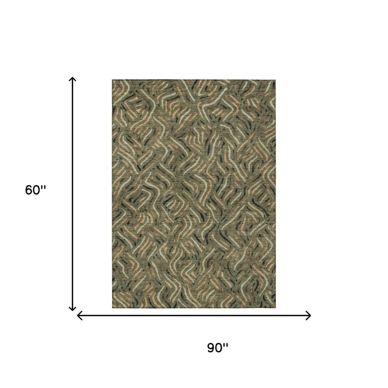 5' X 8' Olive Green And Copper Abstract Washable Indoor Outdoor Area Rug Homeroots Outdoor