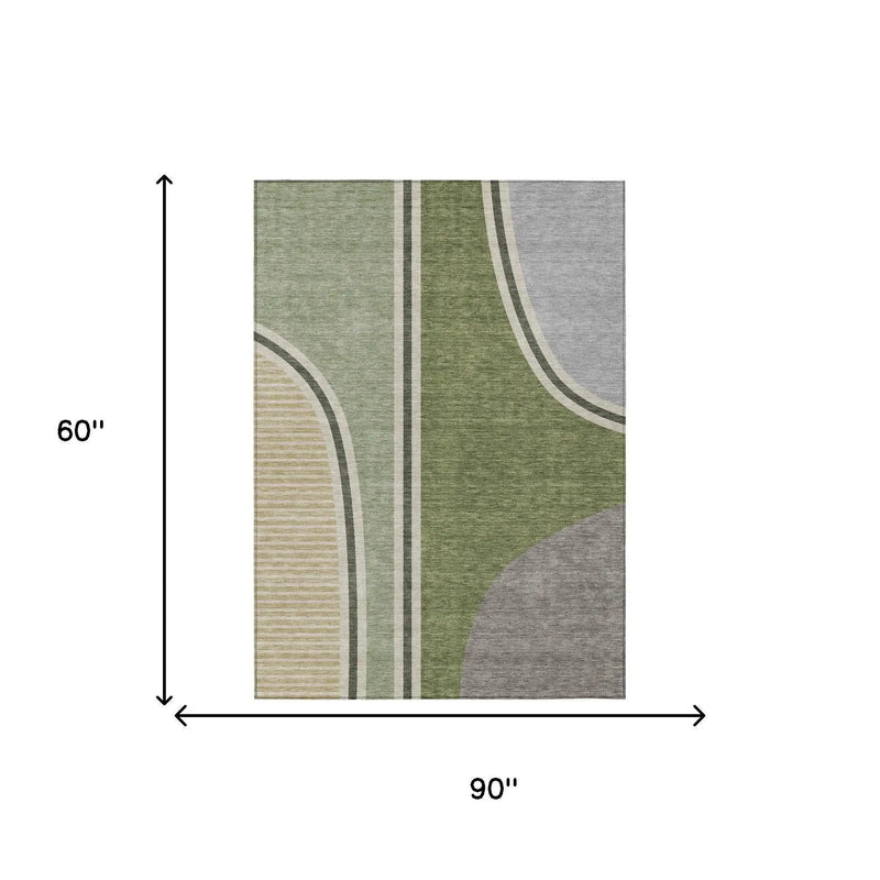 5' X 8' Olive Green And Fern Green Geometric Washable Indoor Outdoor Area Rug Homeroots Outdoor