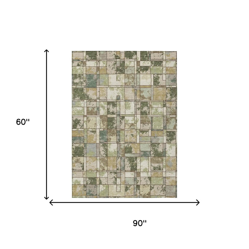 5' X 8' Olive Green And Fern Green Geometric Washable Indoor Outdoor Area Rug Homeroots Outdoor