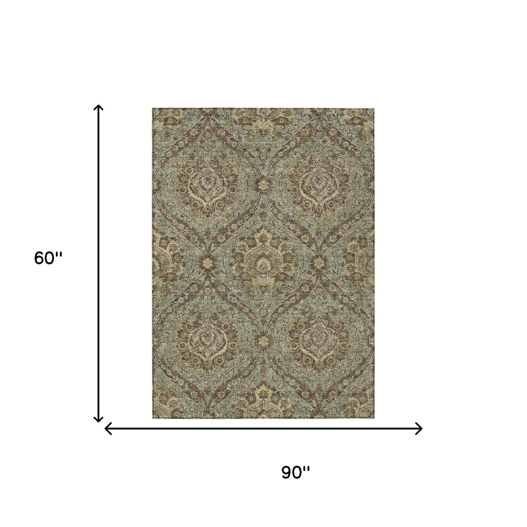 5' X 8' Olive Green And Granite Gray Floral Washable Indoor Outdoor Area Rug Homeroots Outdoor