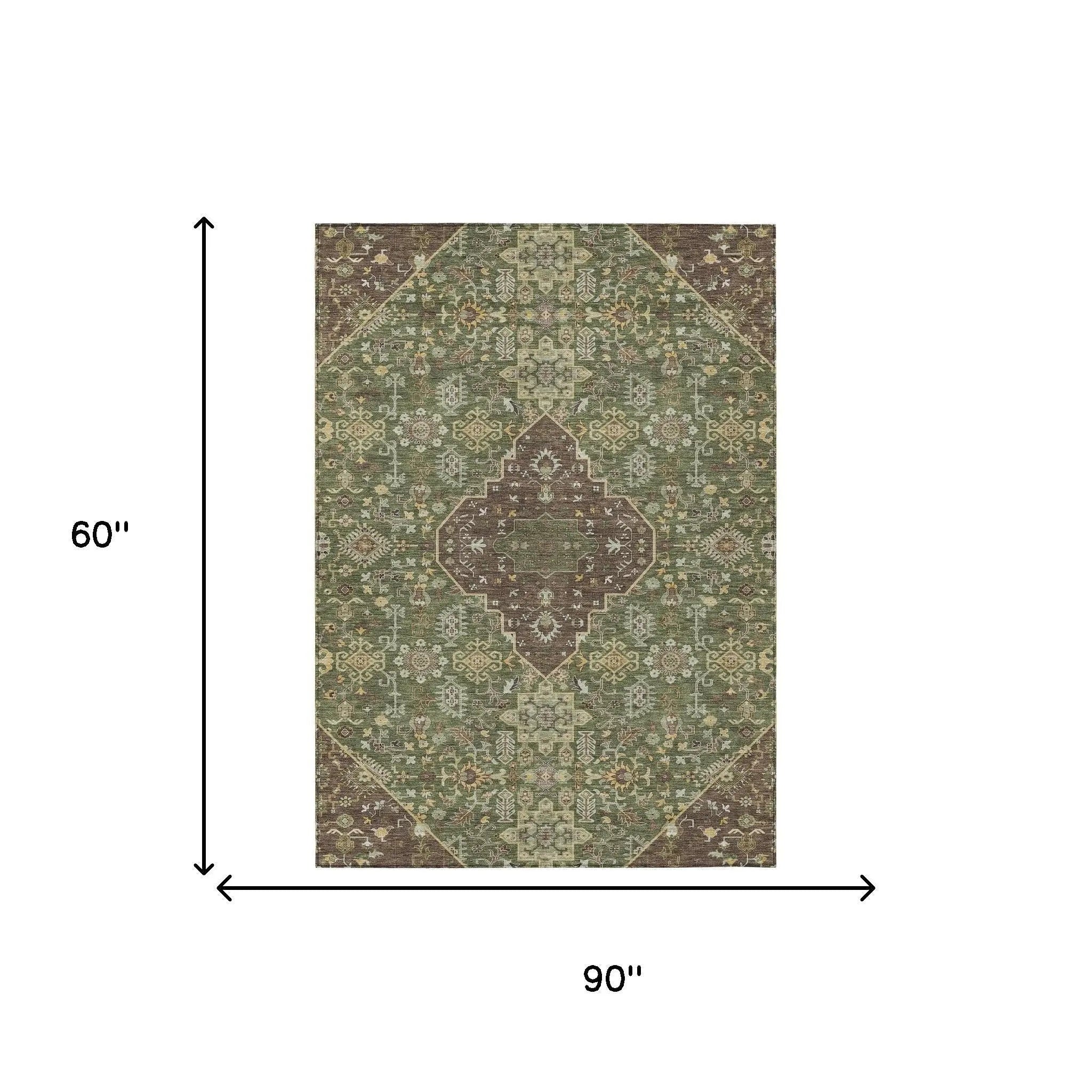 5' X 8' Olive Green And Gray Medallion Washable Indoor Outdoor Area Rug Homeroots Outdoor