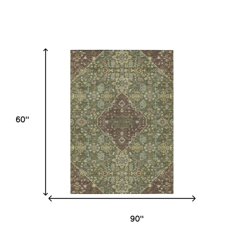 5' X 8' Olive Green And Gray Medallion Washable Indoor Outdoor Area Rug Homeroots Outdoor