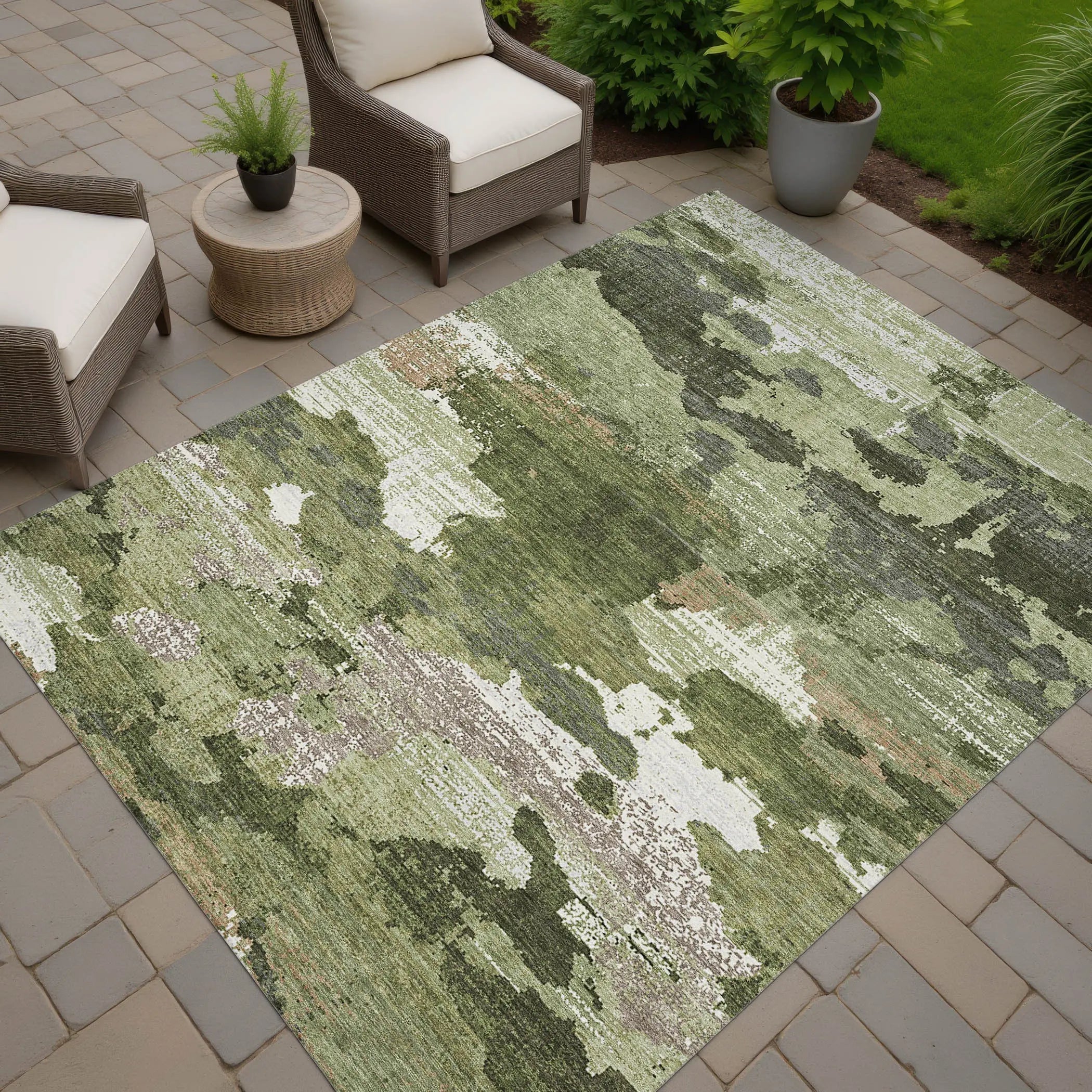 5' X 8' Olive Green And Green Abstract Washable Indoor Outdoor Area Rug Homeroots Outdoor