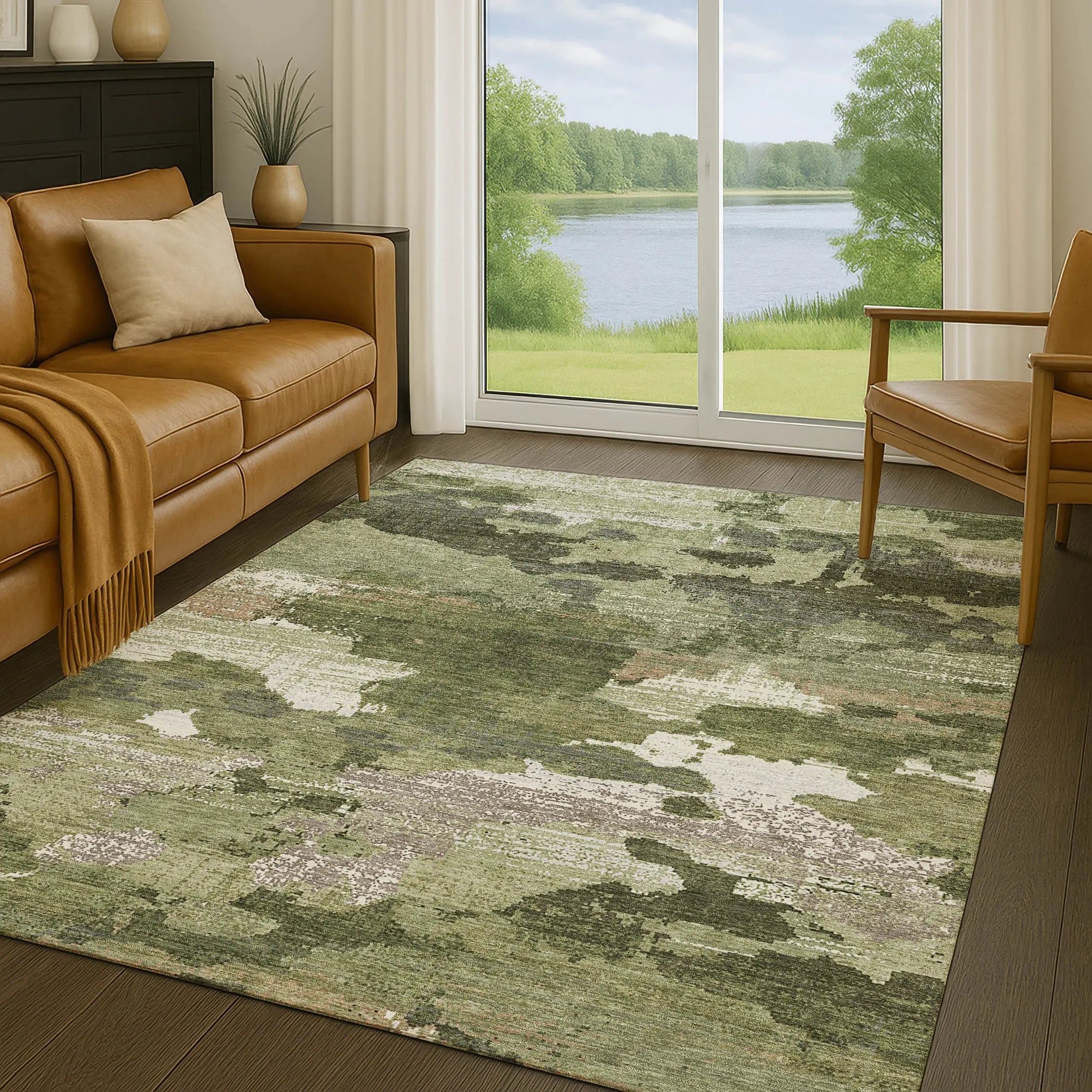 5' X 8' Olive Green And Green Abstract Washable Indoor Outdoor Area Rug Homeroots Outdoor