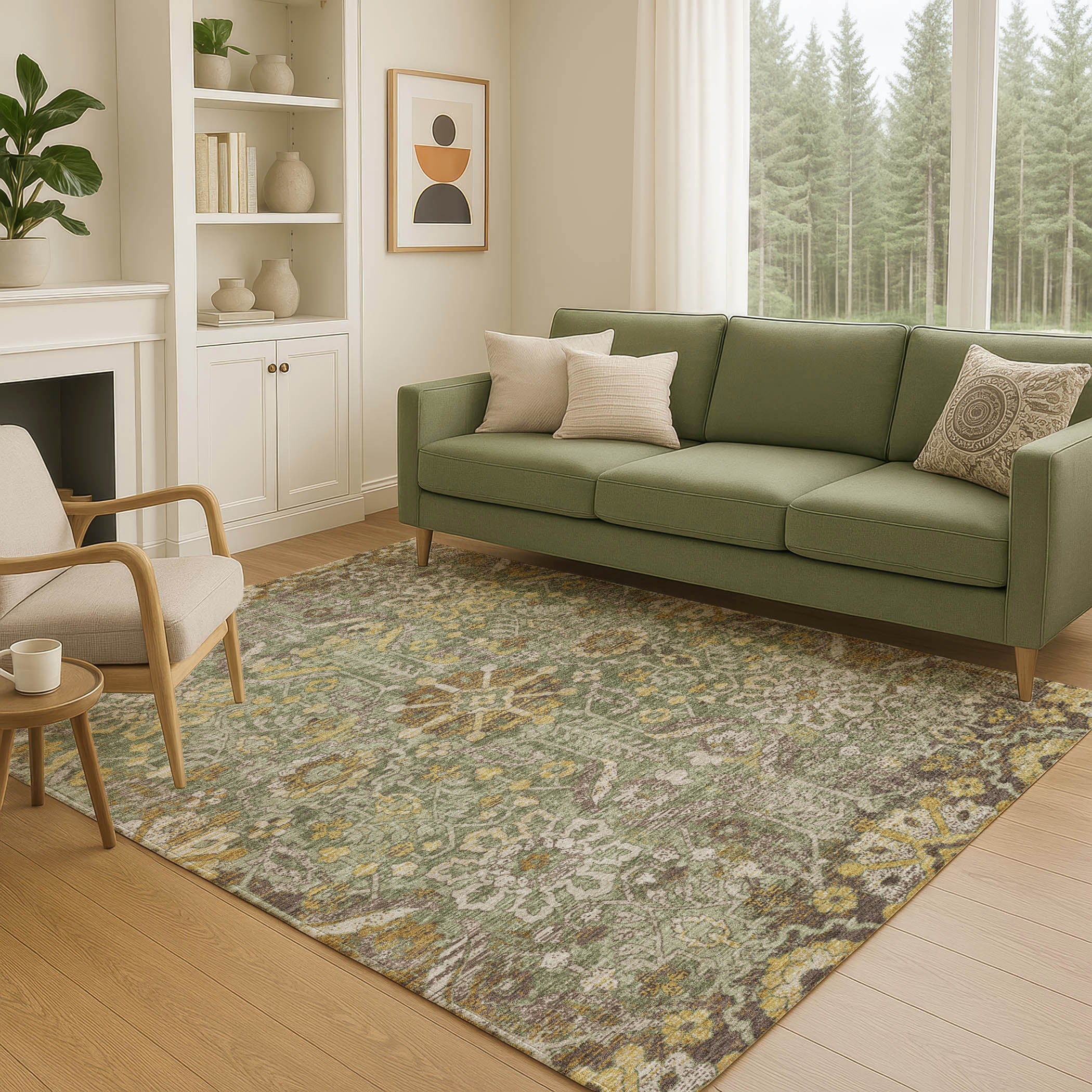 5' X 8' Olive Green And Green Damask Washable Indoor Outdoor Area Rug Homeroots Outdoor