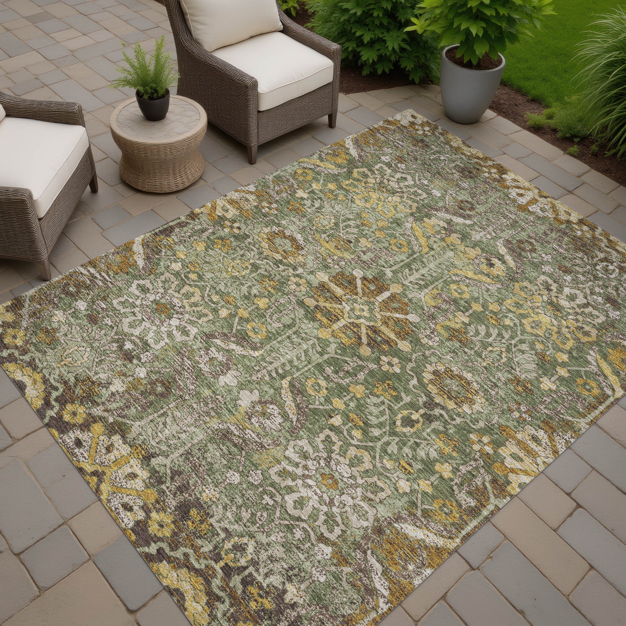 5' X 8' Olive Green And Green Damask Washable Indoor Outdoor Area Rug Homeroots Outdoor