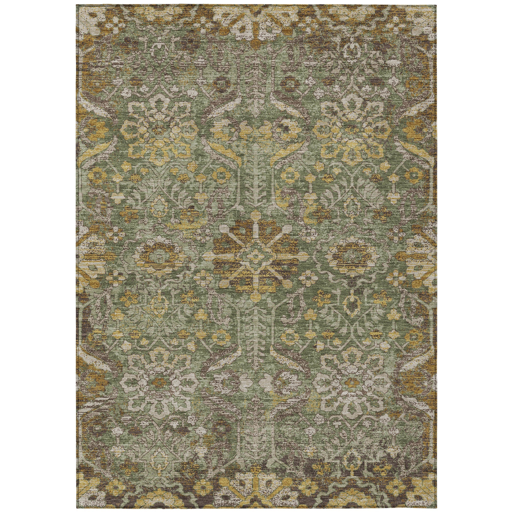 5' X 8' Olive Green And Green Damask Washable Indoor Outdoor Area Rug Homeroots Outdoor
