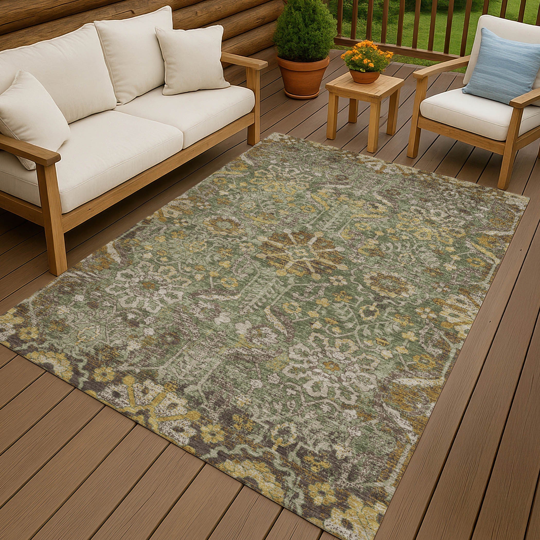 5' X 8' Olive Green And Green Damask Washable Indoor Outdoor Area Rug Homeroots Outdoor