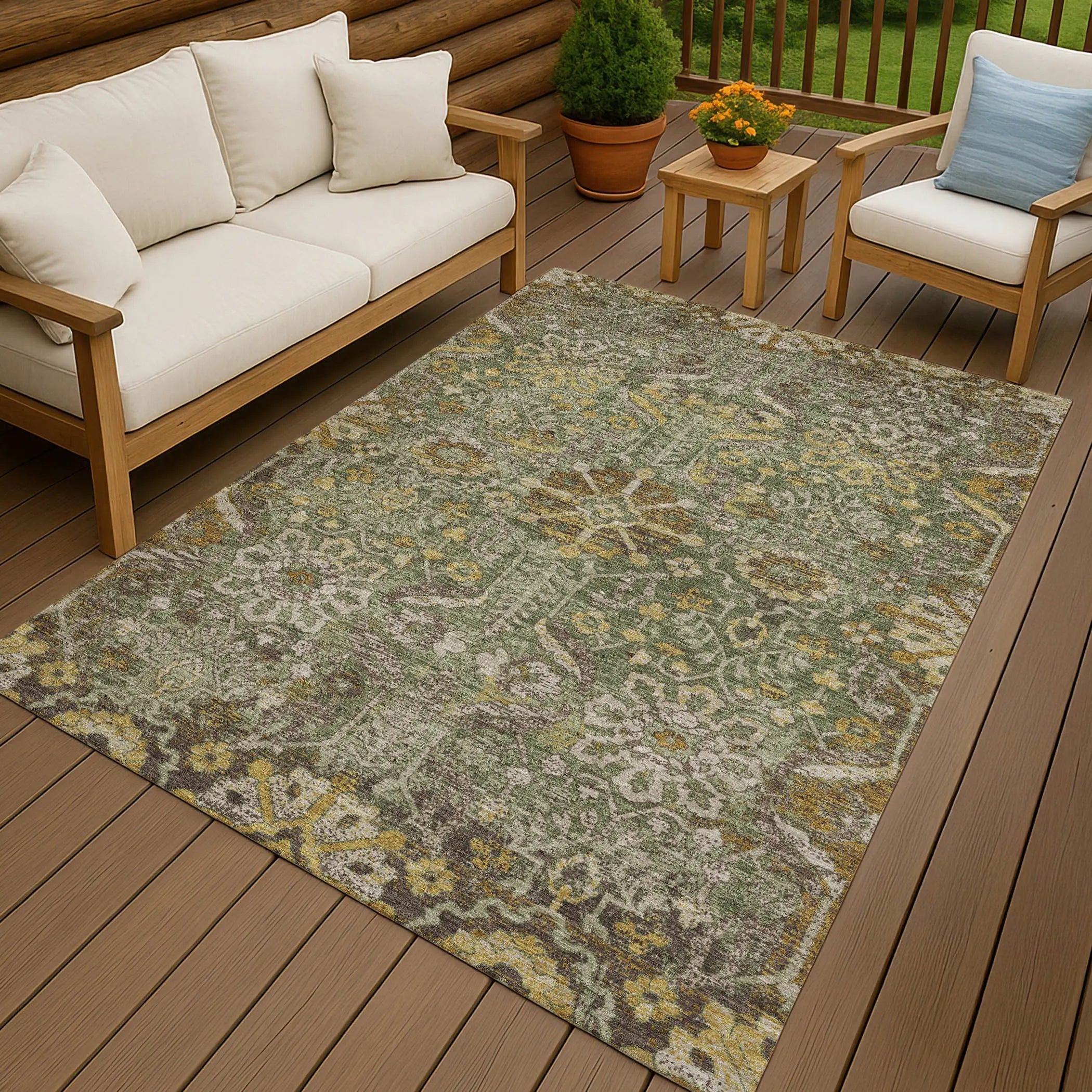5' X 8' Olive Green And Green Damask Washable Indoor Outdoor Area Rug Homeroots Outdoor