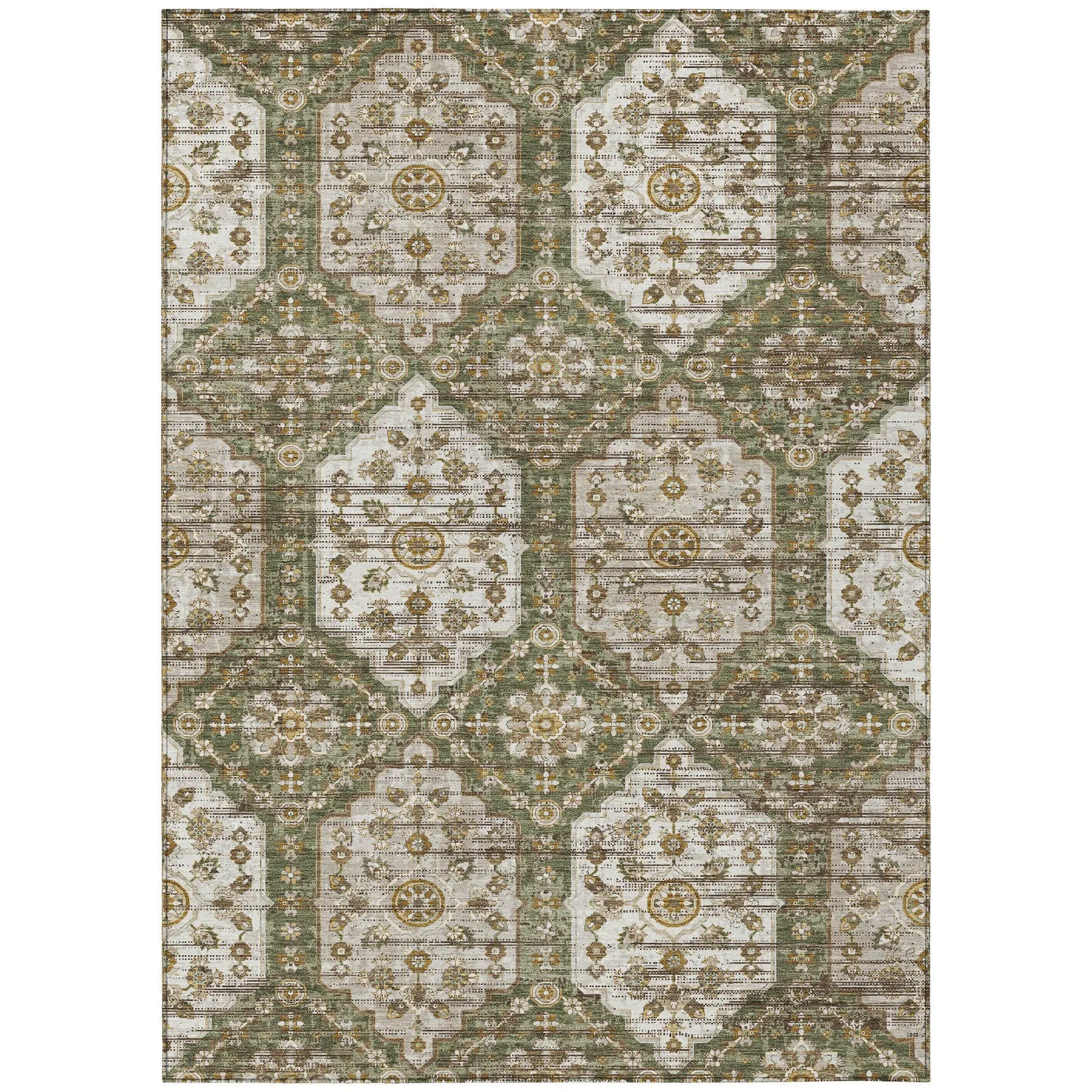 5' X 8' Olive Green And Green Damask Washable Indoor Outdoor Area Rug Homeroots Outdoor