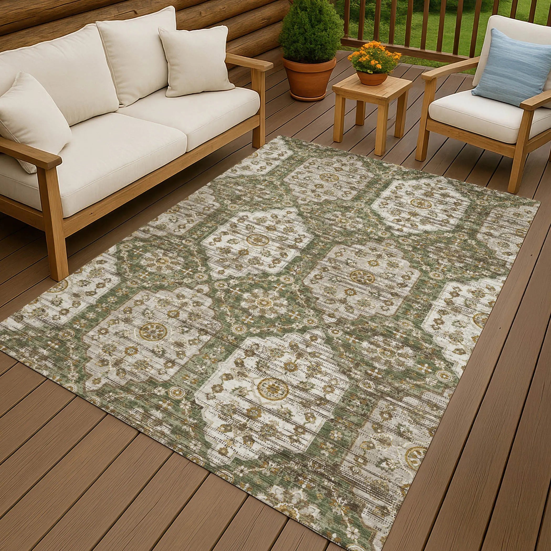 5' X 8' Olive Green And Green Damask Washable Indoor Outdoor Area Rug Homeroots Outdoor