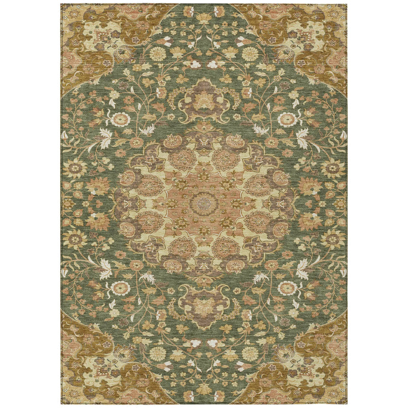 5' X 8' Olive Green And Green Damask Washable Indoor Outdoor Area Rug Homeroots Outdoor